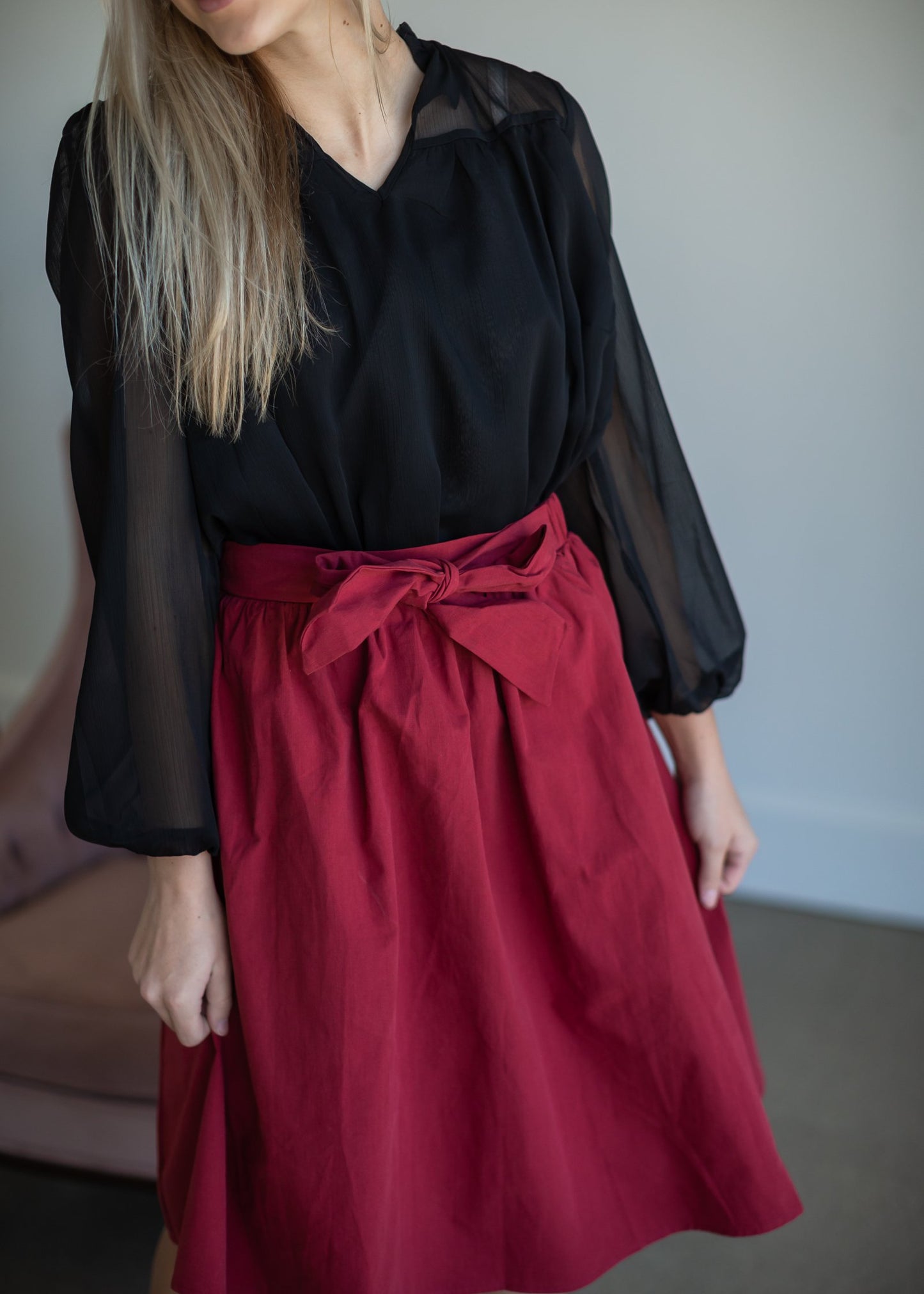 Cranberry Tie Waist Midi Skirt Skirts Mikarose