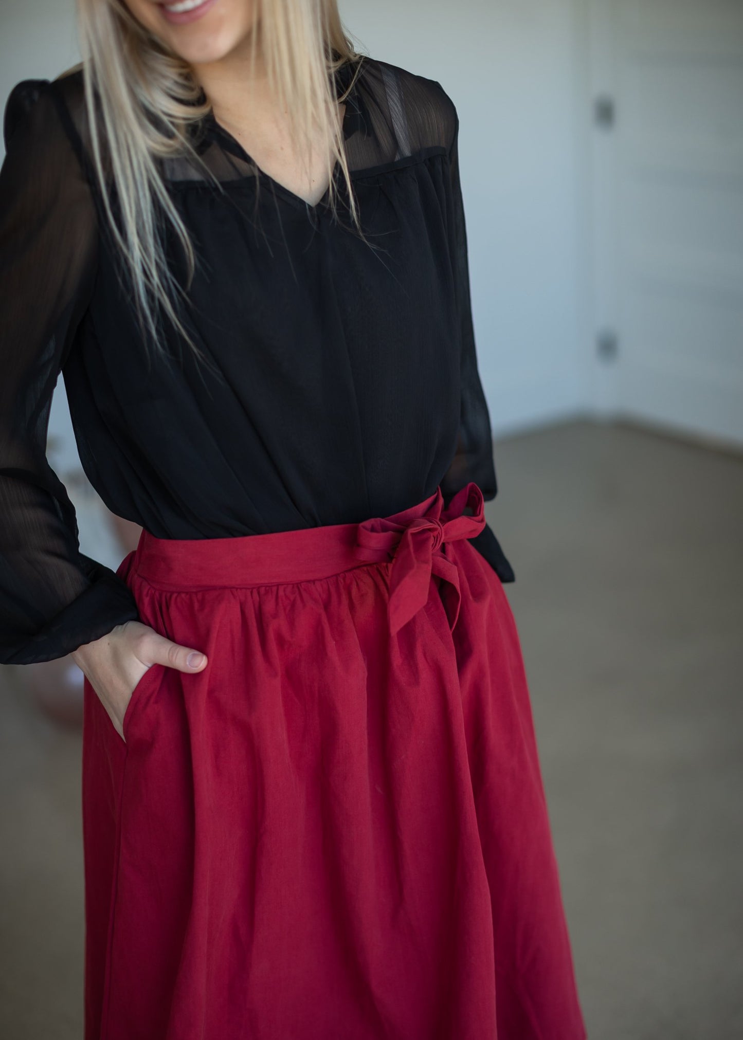 Cranberry Tie Waist Midi Skirt Skirts Mikarose