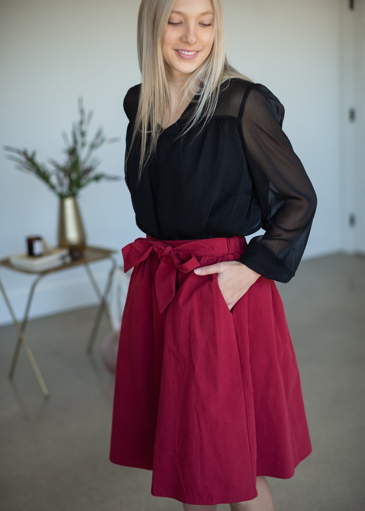 Cranberry Tie Waist Midi Skirt Skirts Mikarose