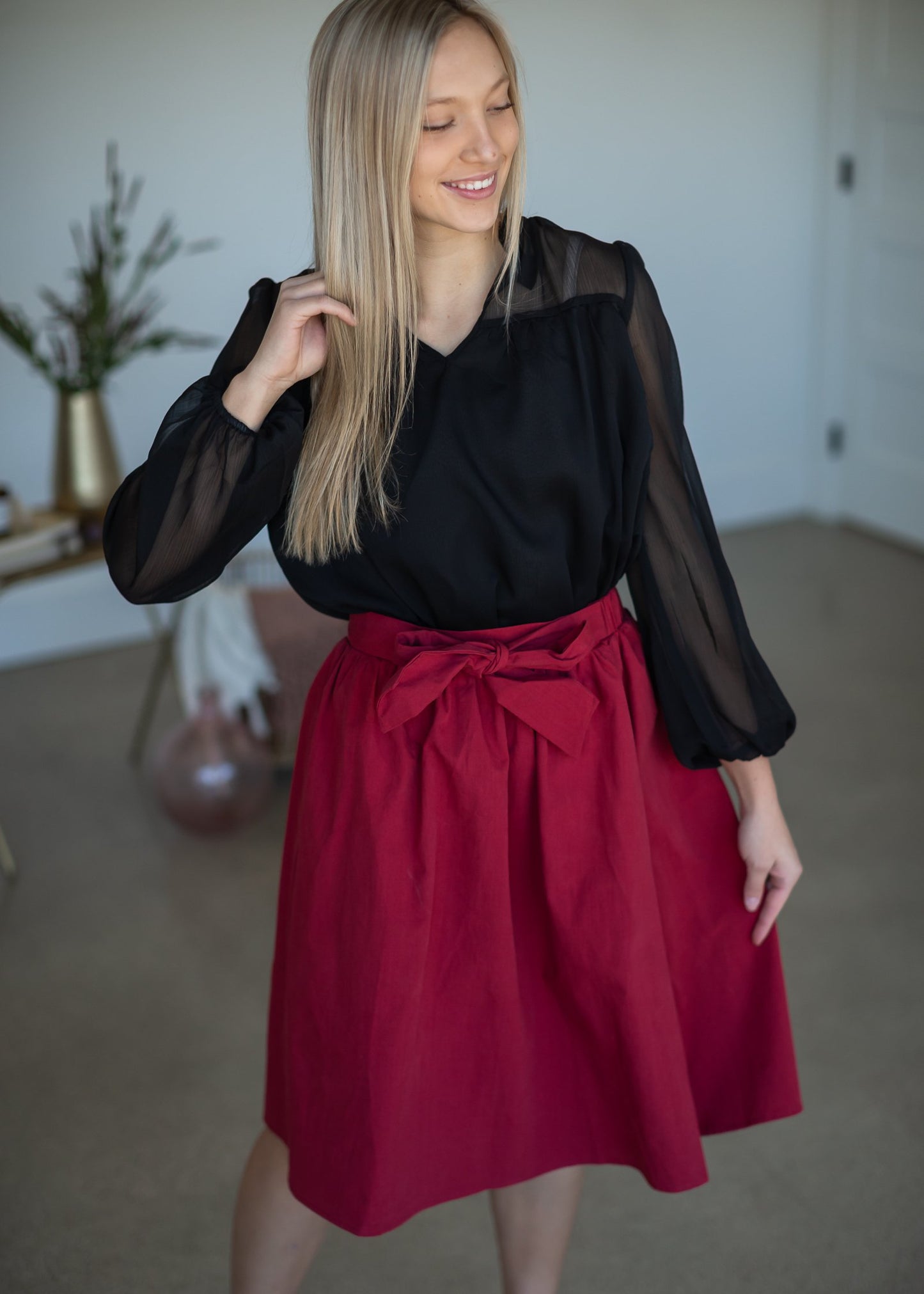 Cranberry Tie Waist Midi Skirt Skirts Mikarose