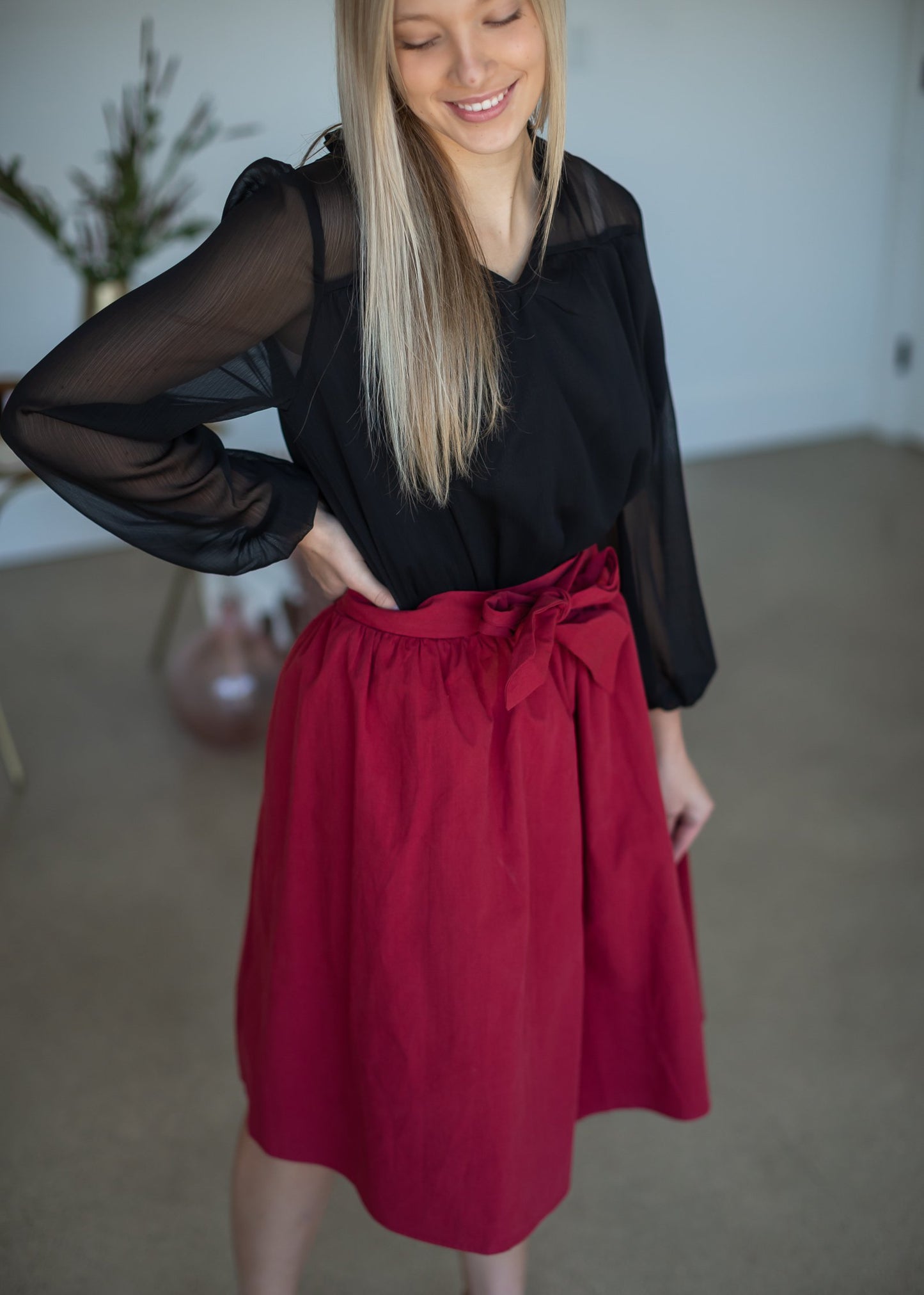Cranberry Tie Waist Midi Skirt Skirts Mikarose