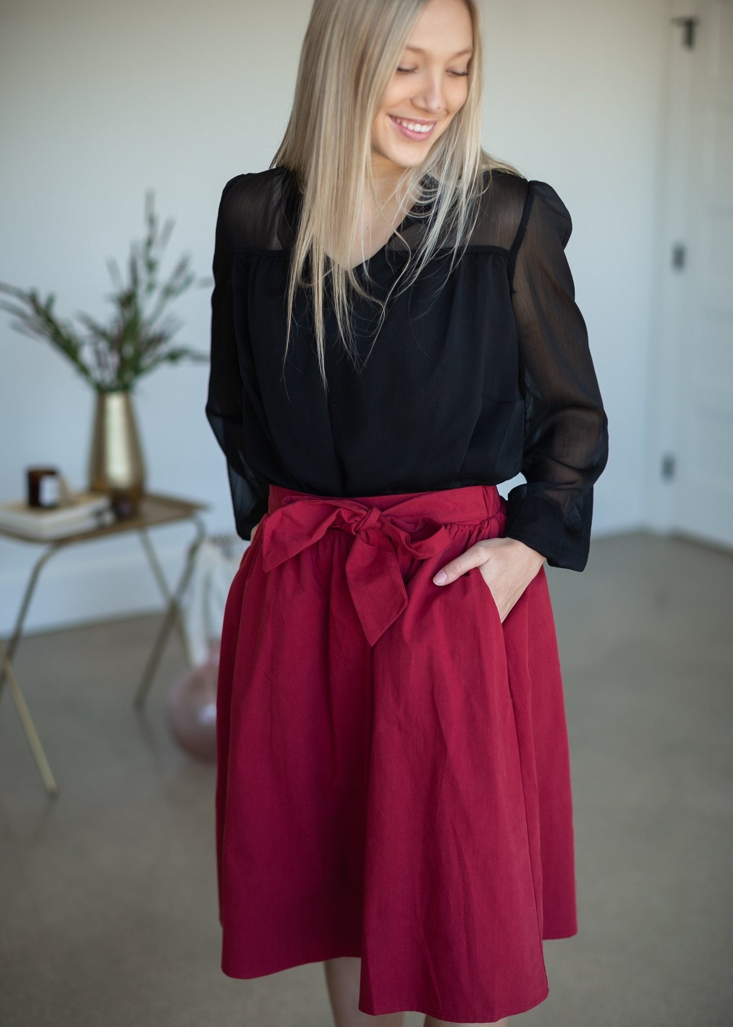 Cranberry Tie Waist Midi Skirt Skirts Mikarose