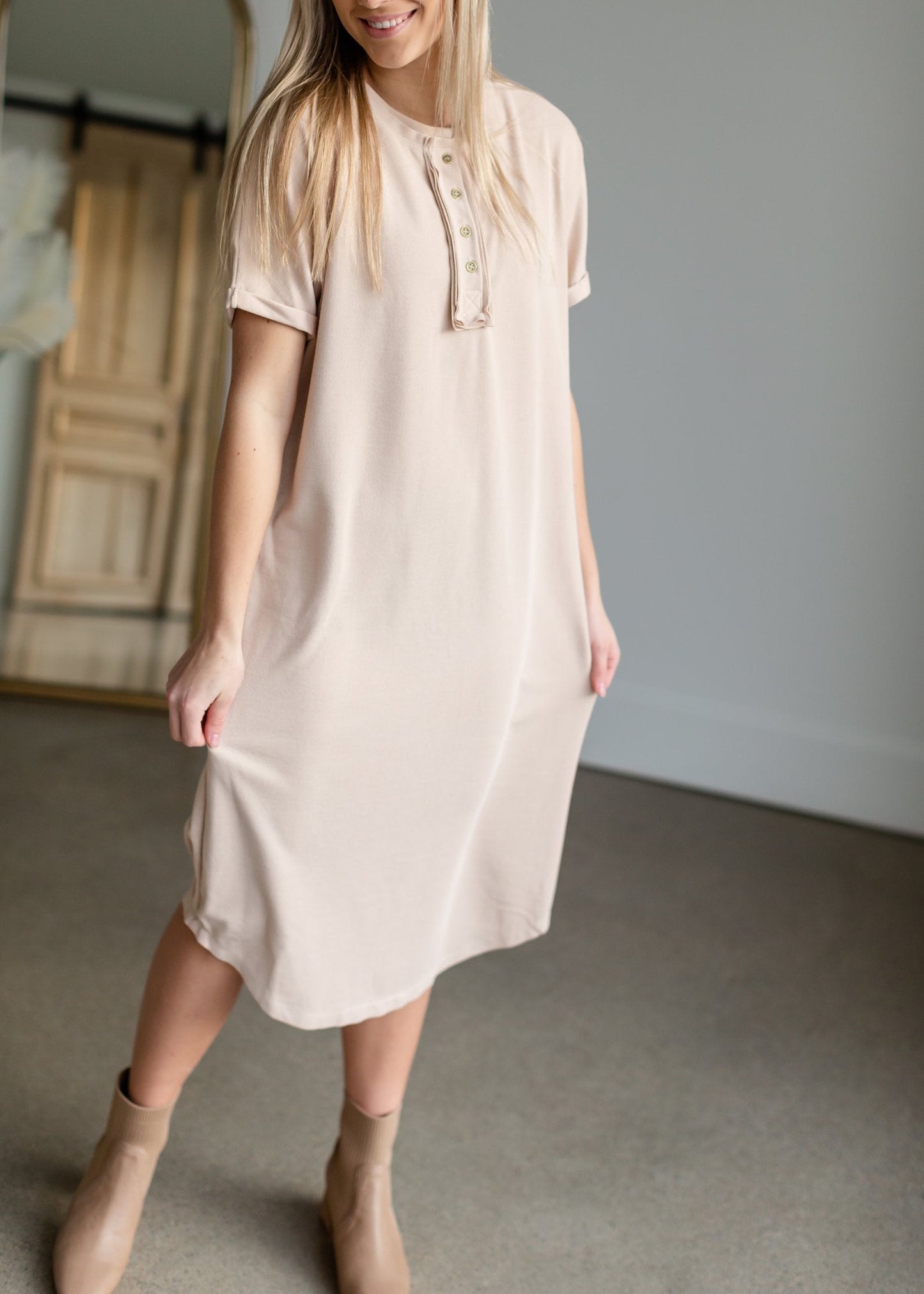 Cream Button Front T-Shirt Dress Dresses Polygram