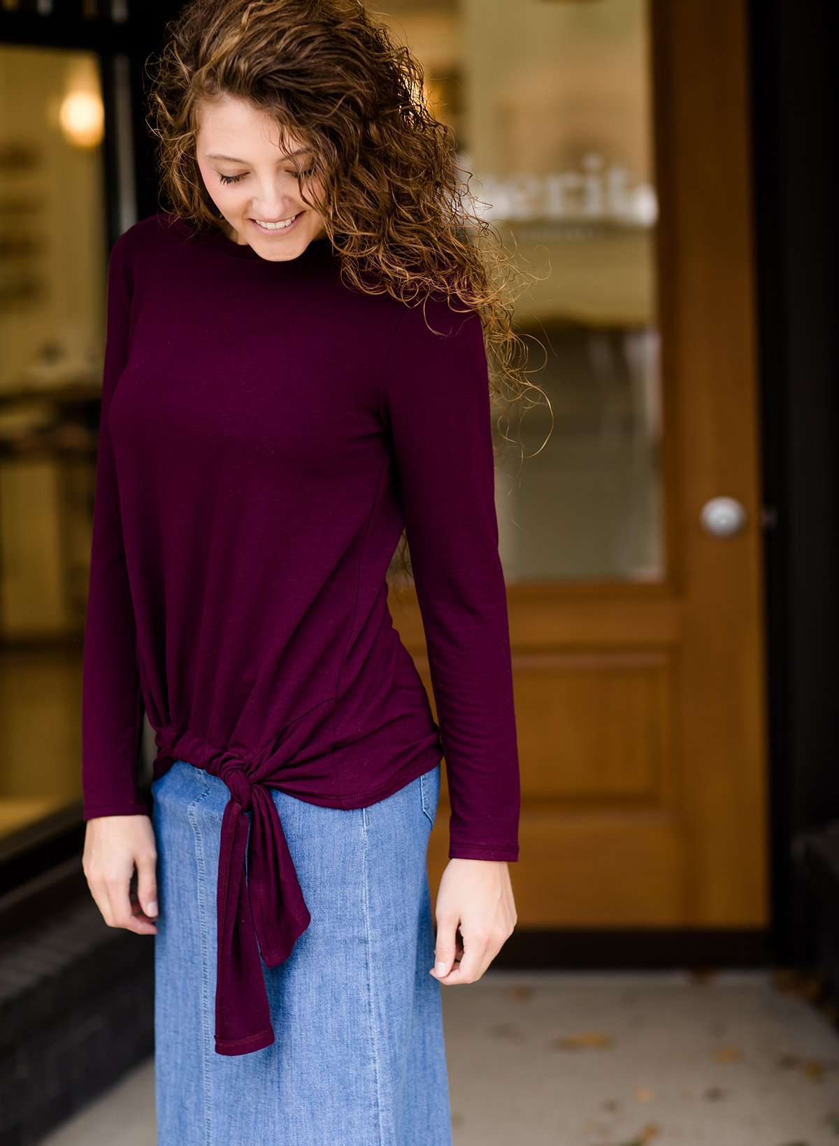 Women's modest wine colored front tie shirt