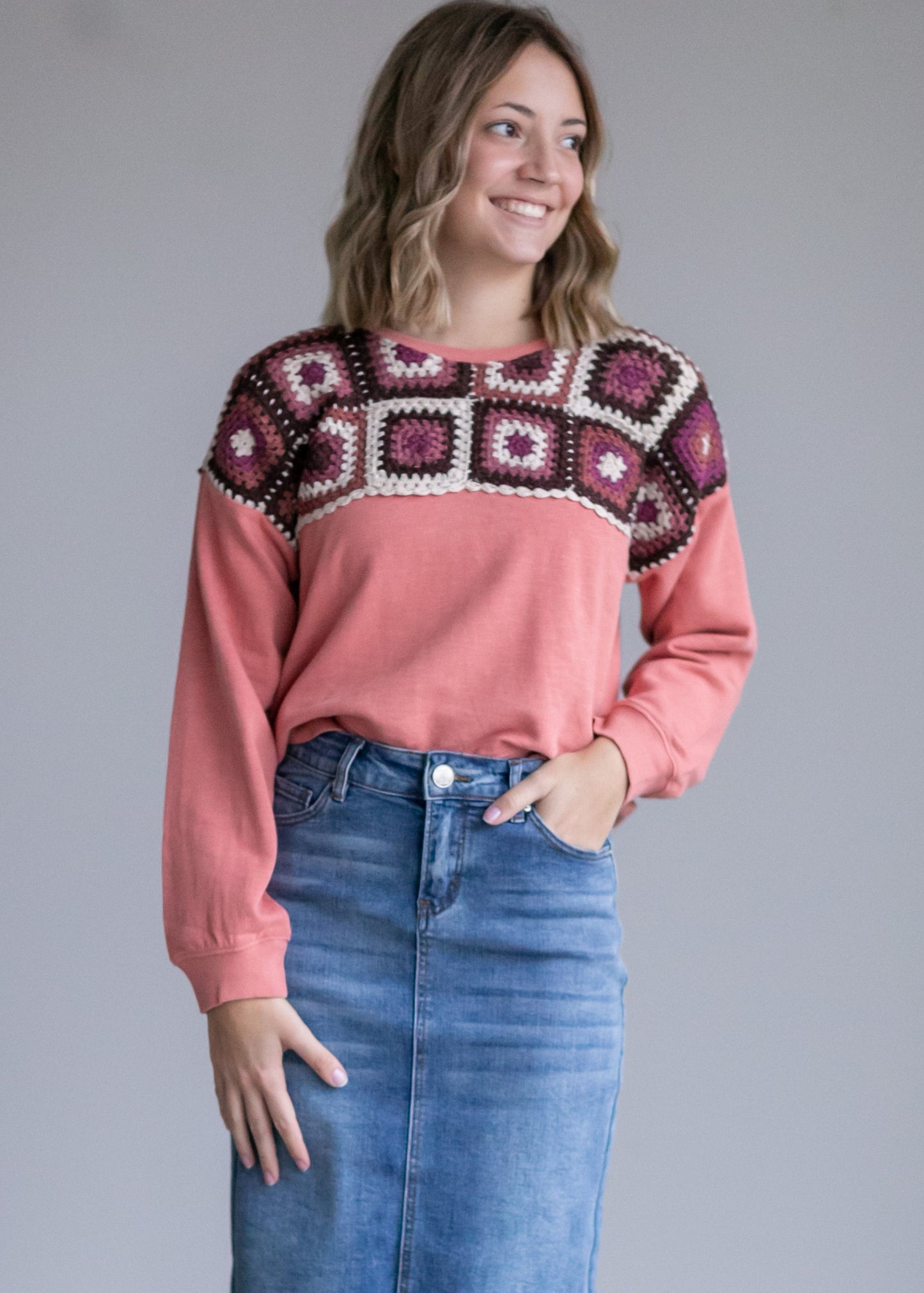 Crochet Yoke Pullover Sweater Tops