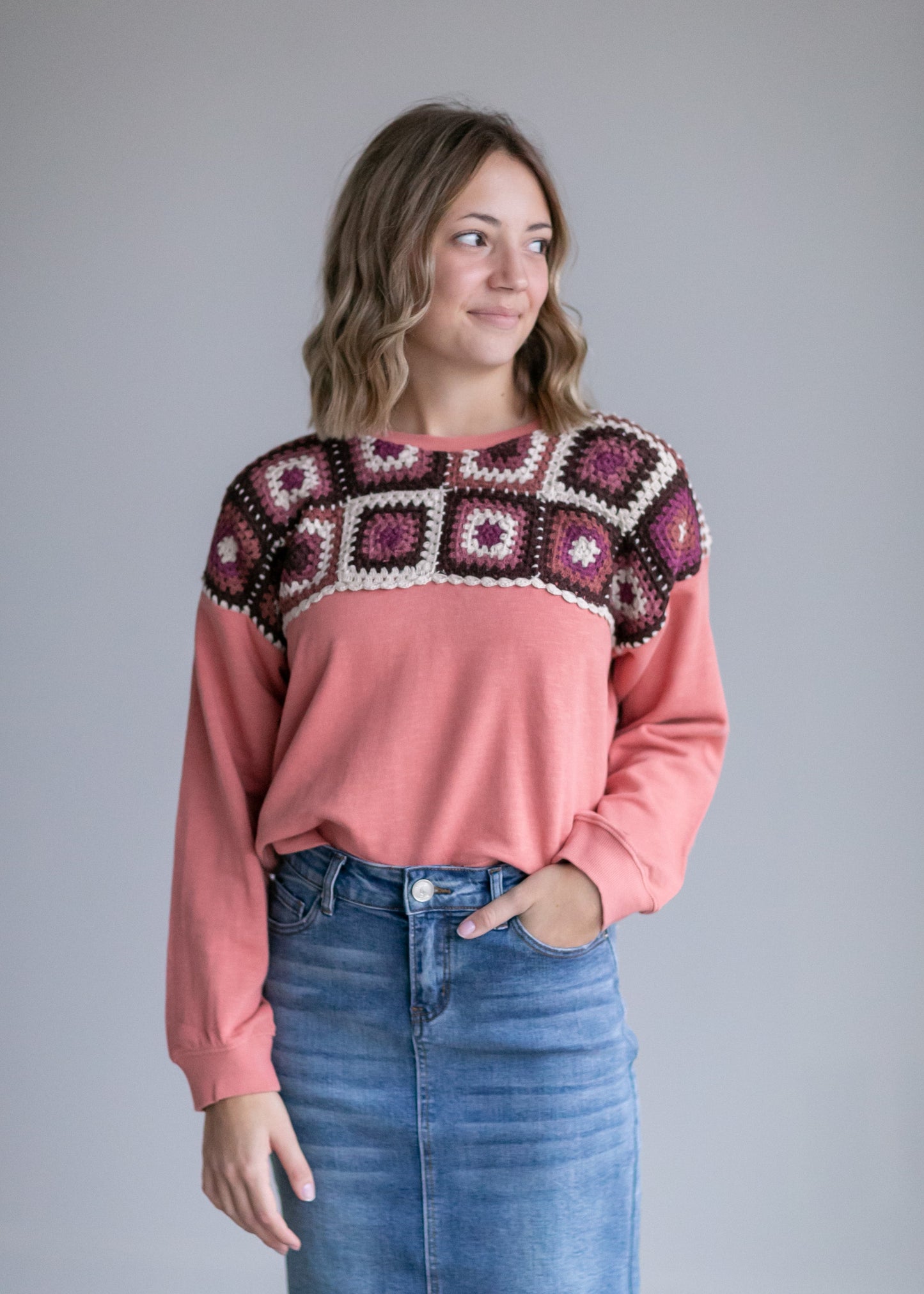 Crochet Yoke Pullover Sweater Tops