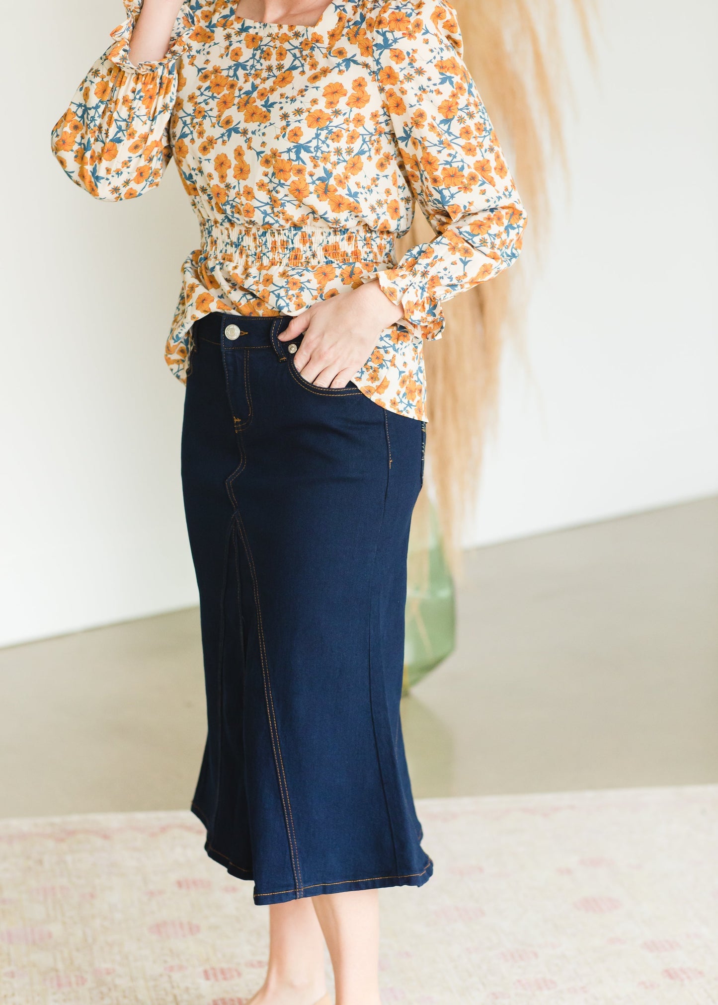Dark Denim A-Line Contrast Midi Skirt Skirts