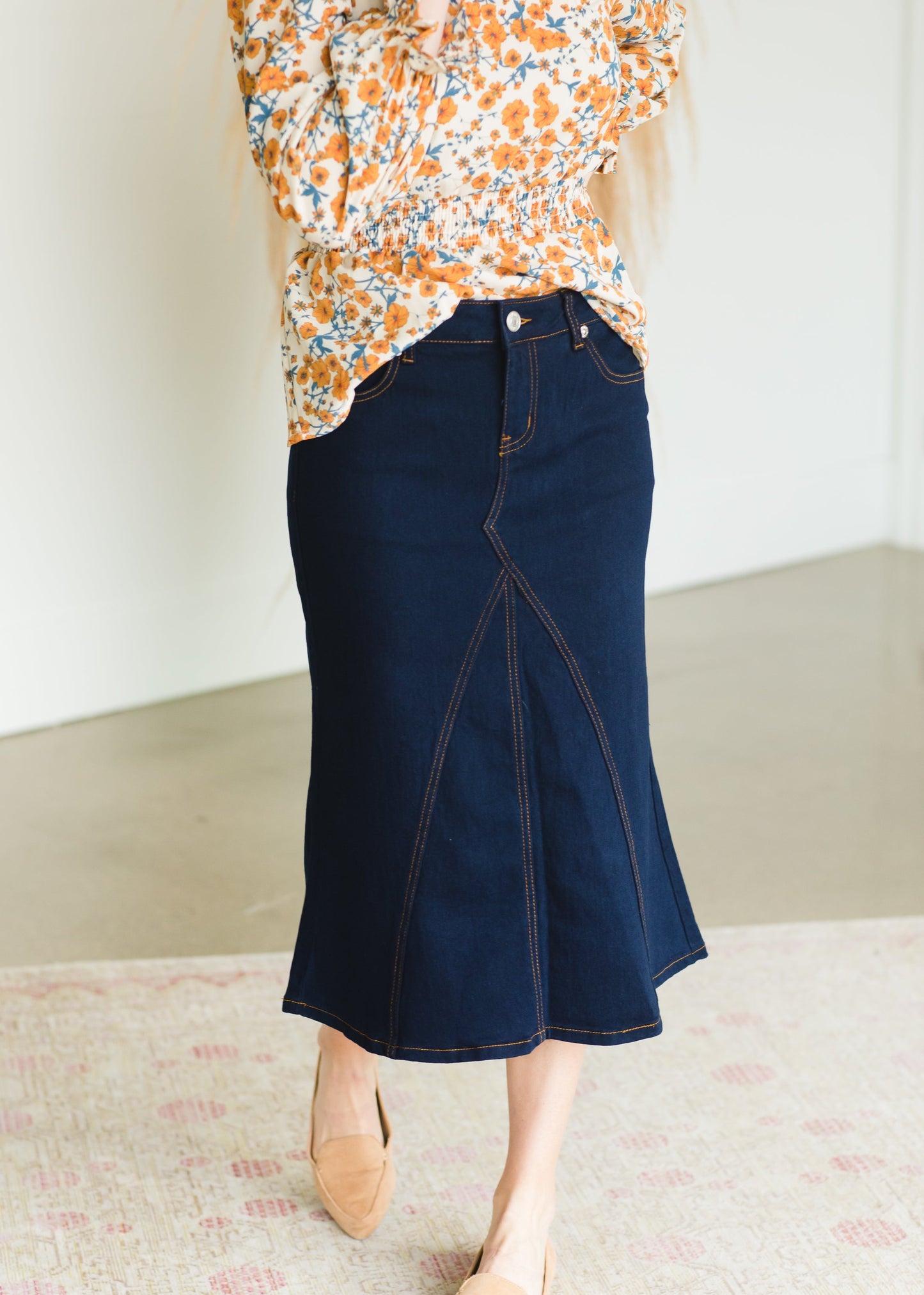 Dark Denim A-Line Contrast Midi Skirt Skirts