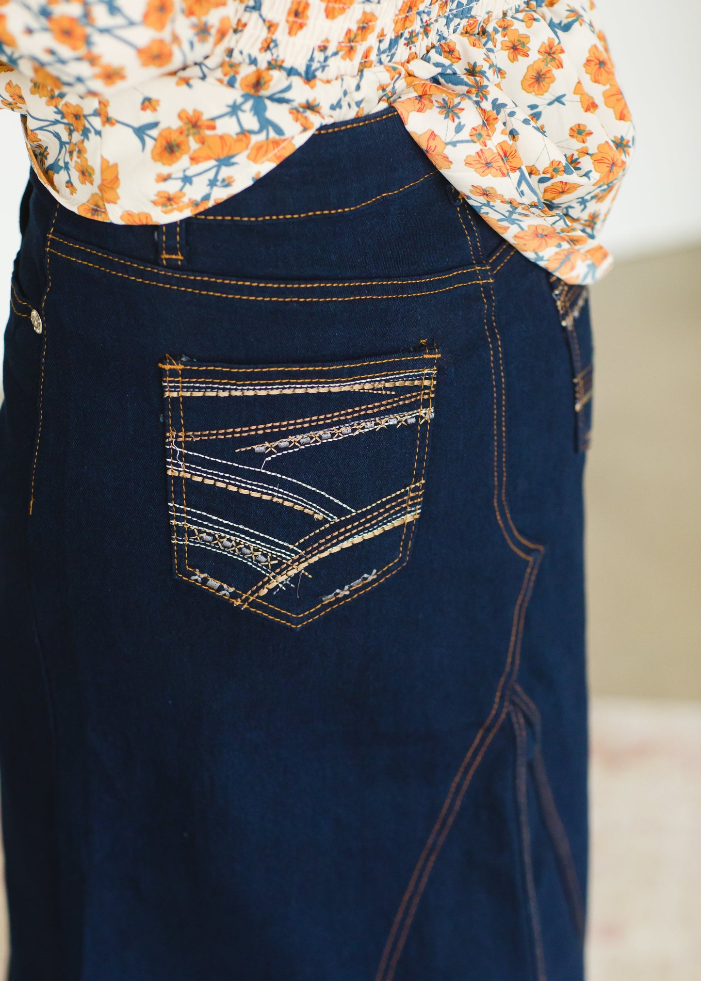 Dark Denim A-Line Contrast Midi Skirt Skirts