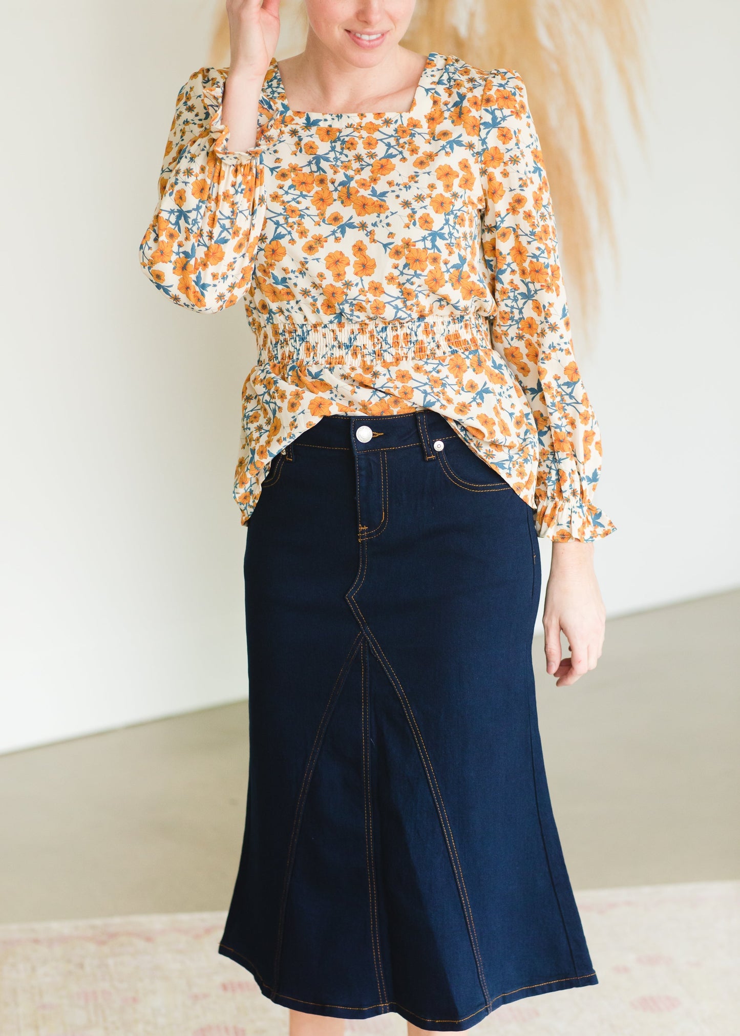 Dark Denim A-Line Contrast Midi Skirt Skirts