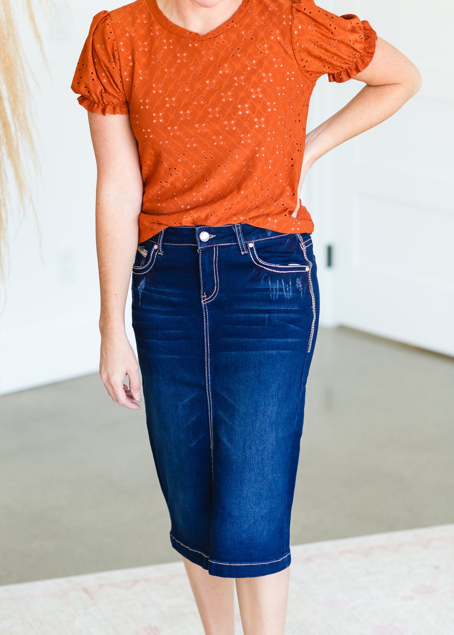 Dark Denim Stitched Midi Skirt - FINAL SALE Skirts