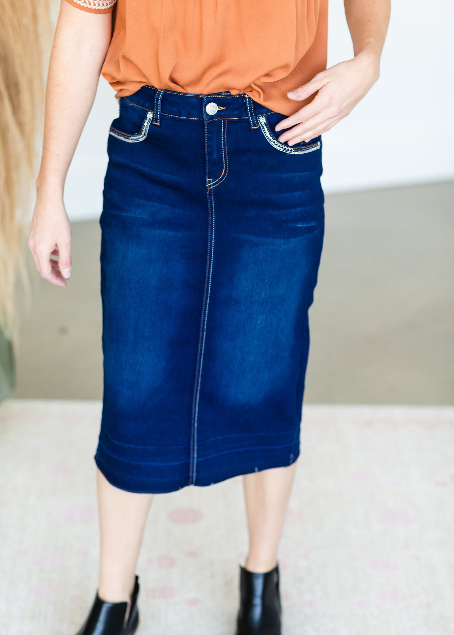 Dark Wash Raw Hem Midi Skirt - FINAL SALE Skirts