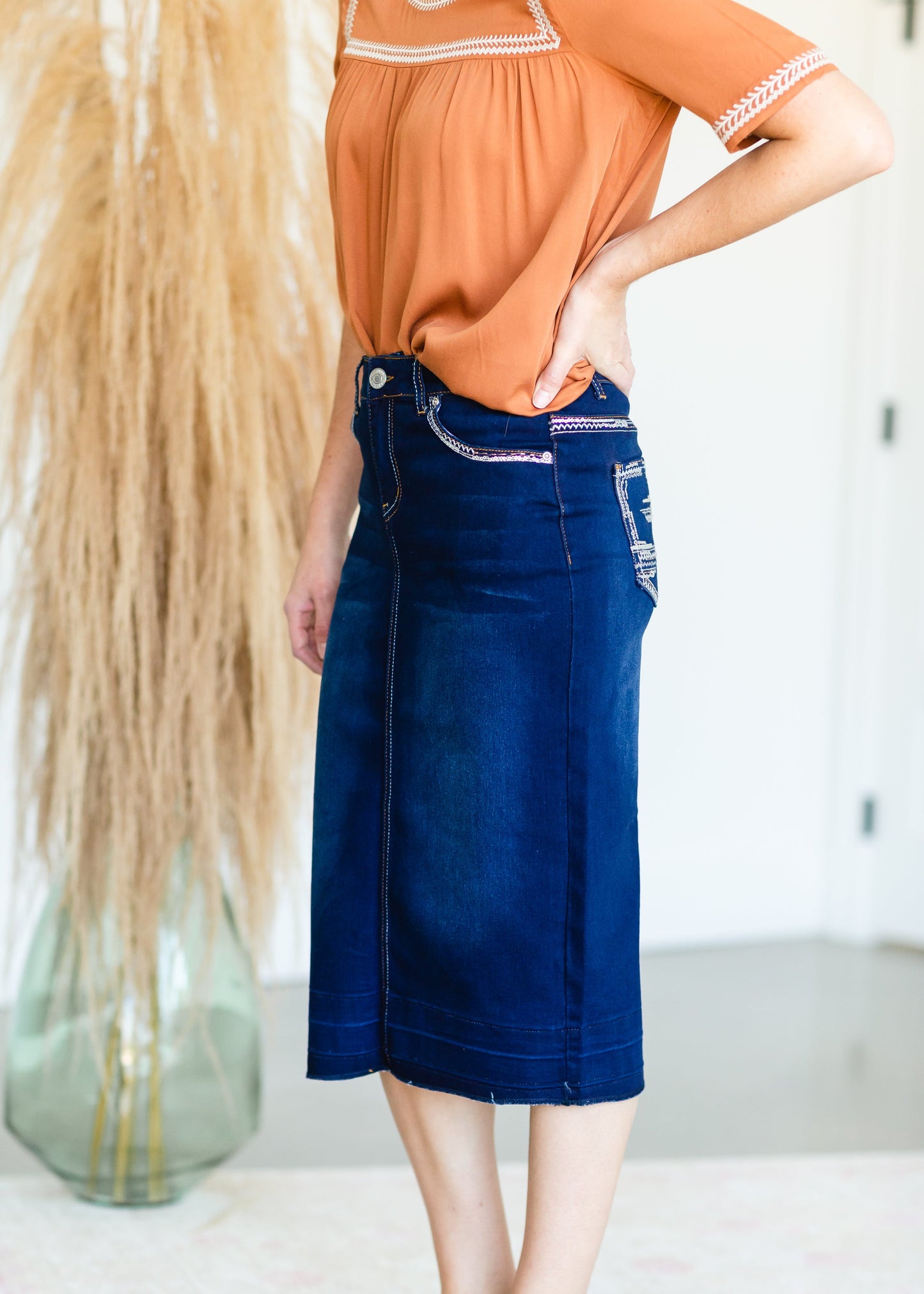 Dark Wash Raw Hem Midi Skirt - FINAL SALE Skirts