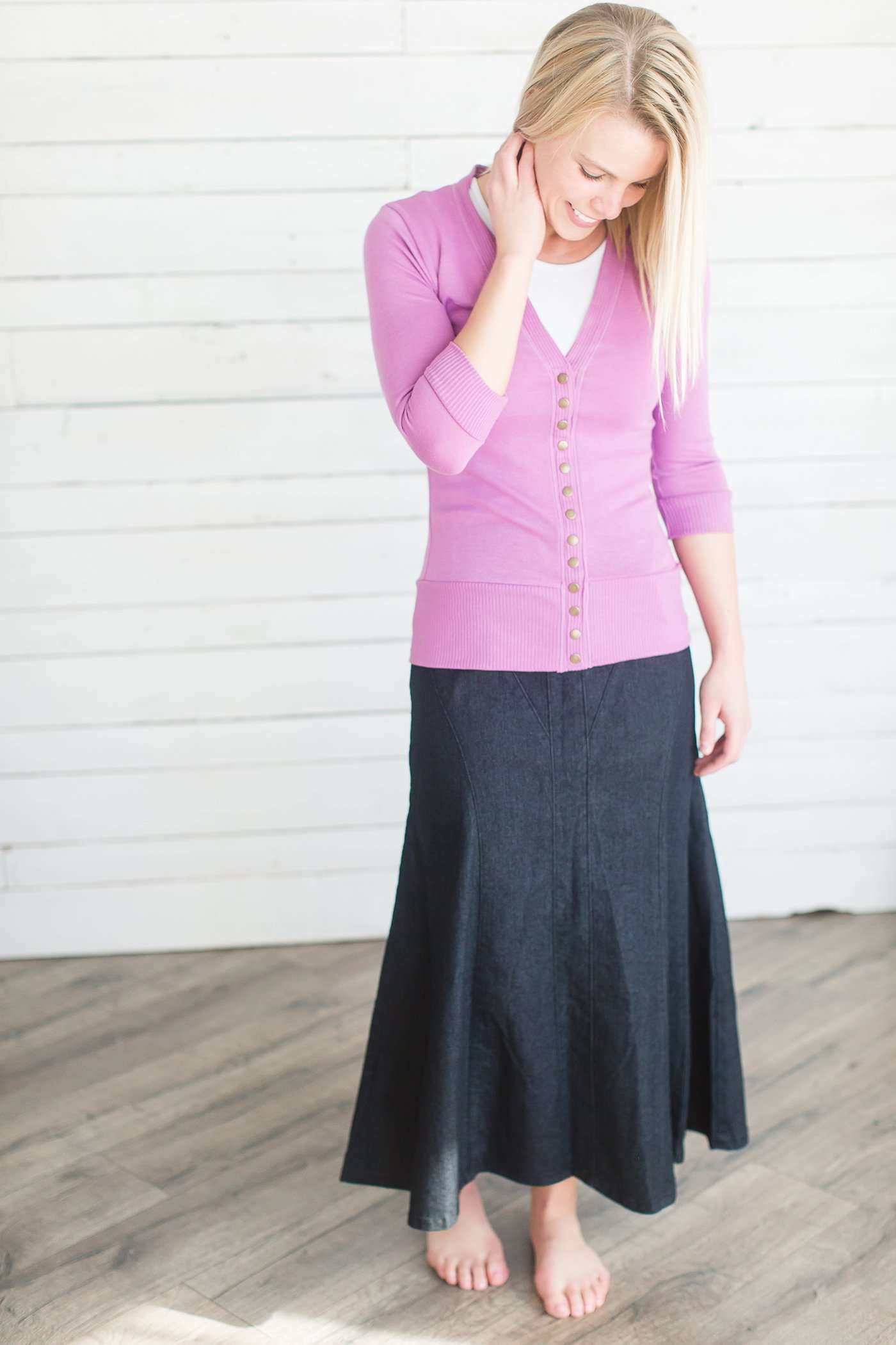 Ankle length flare black dye cotton side zip skirt.