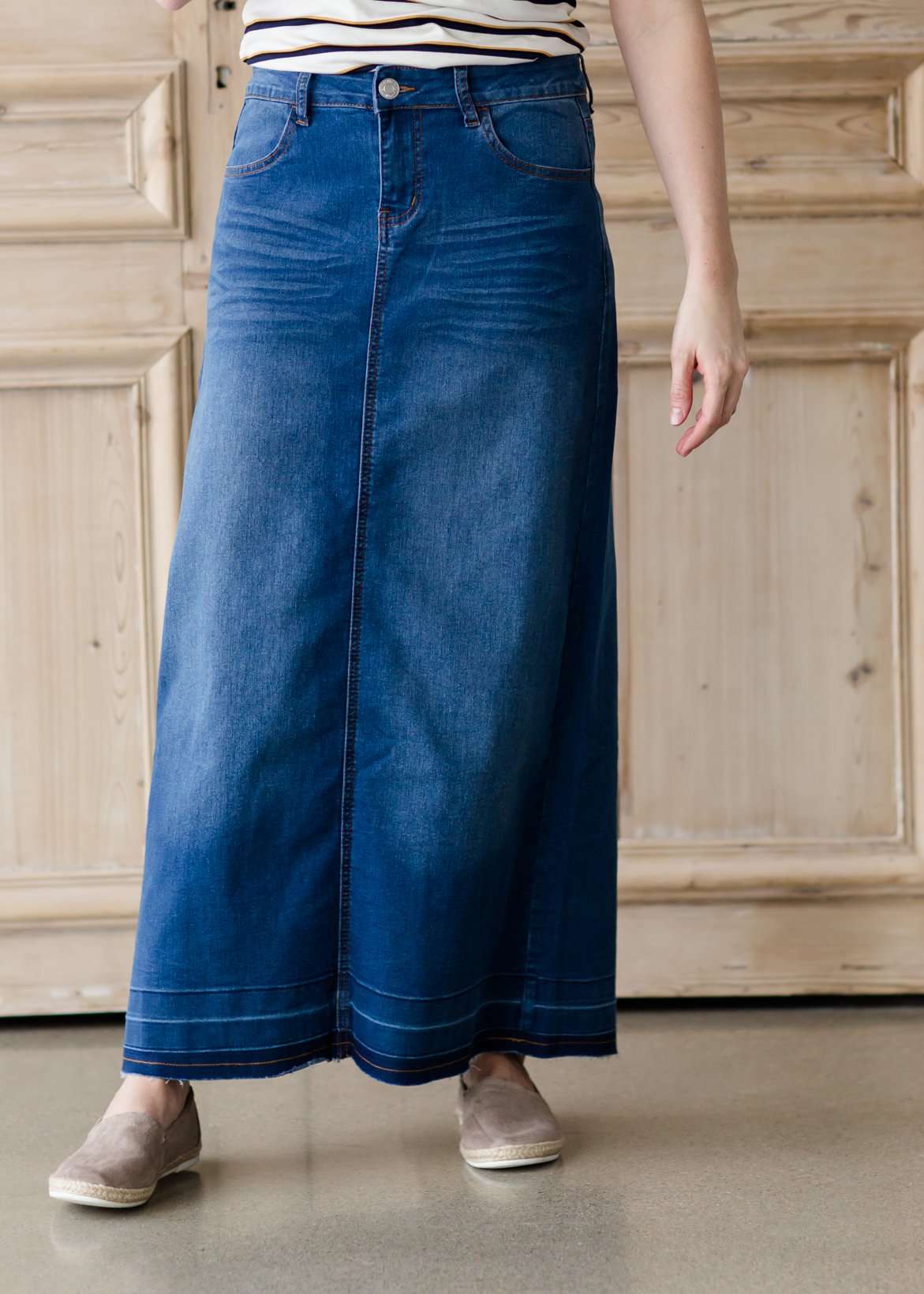 Modest long denim jean skirt with pocket details