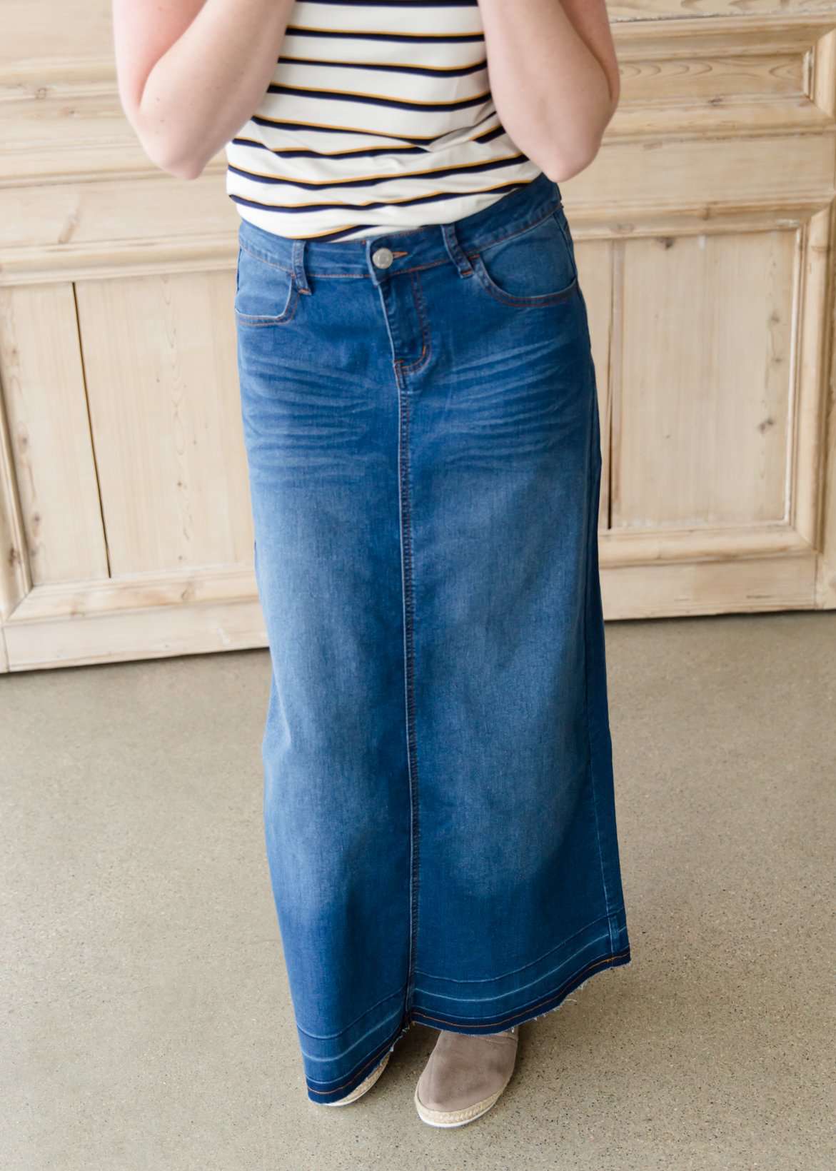 Modest long denim jean skirt with pocket details