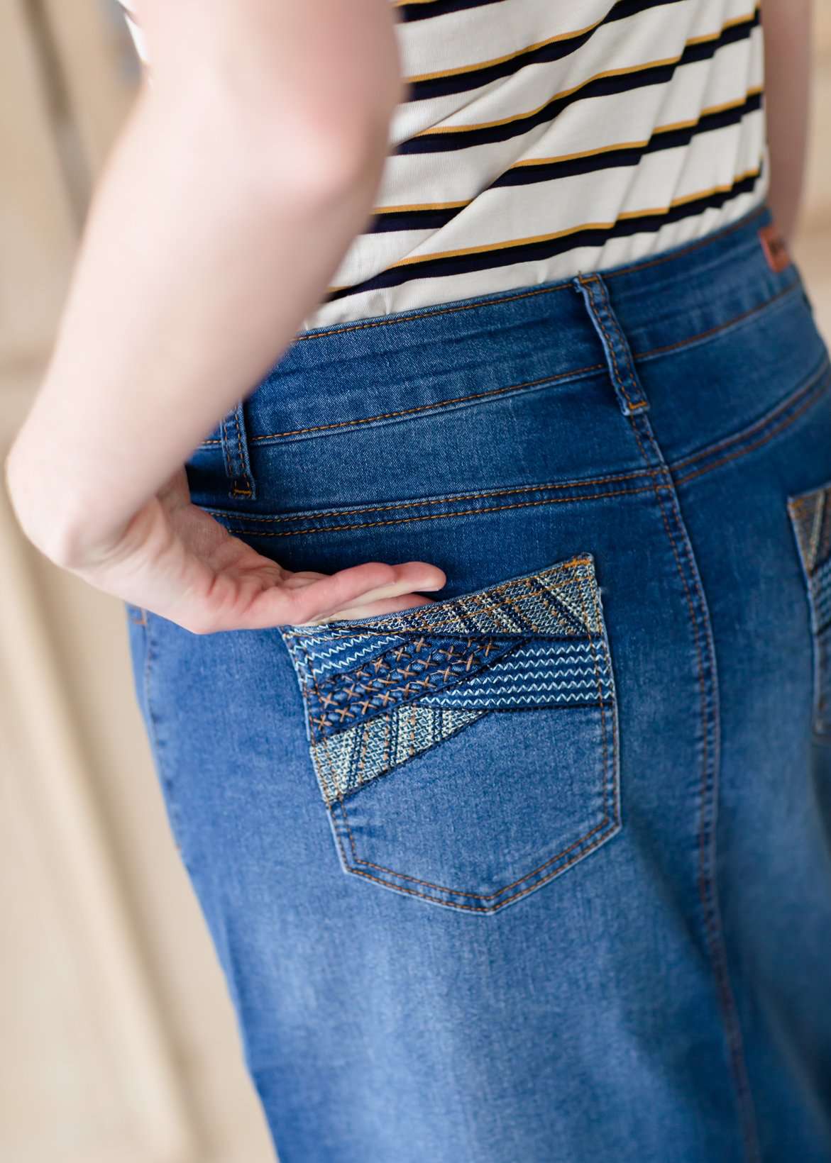 Modest long denim jean skirt with pocket details