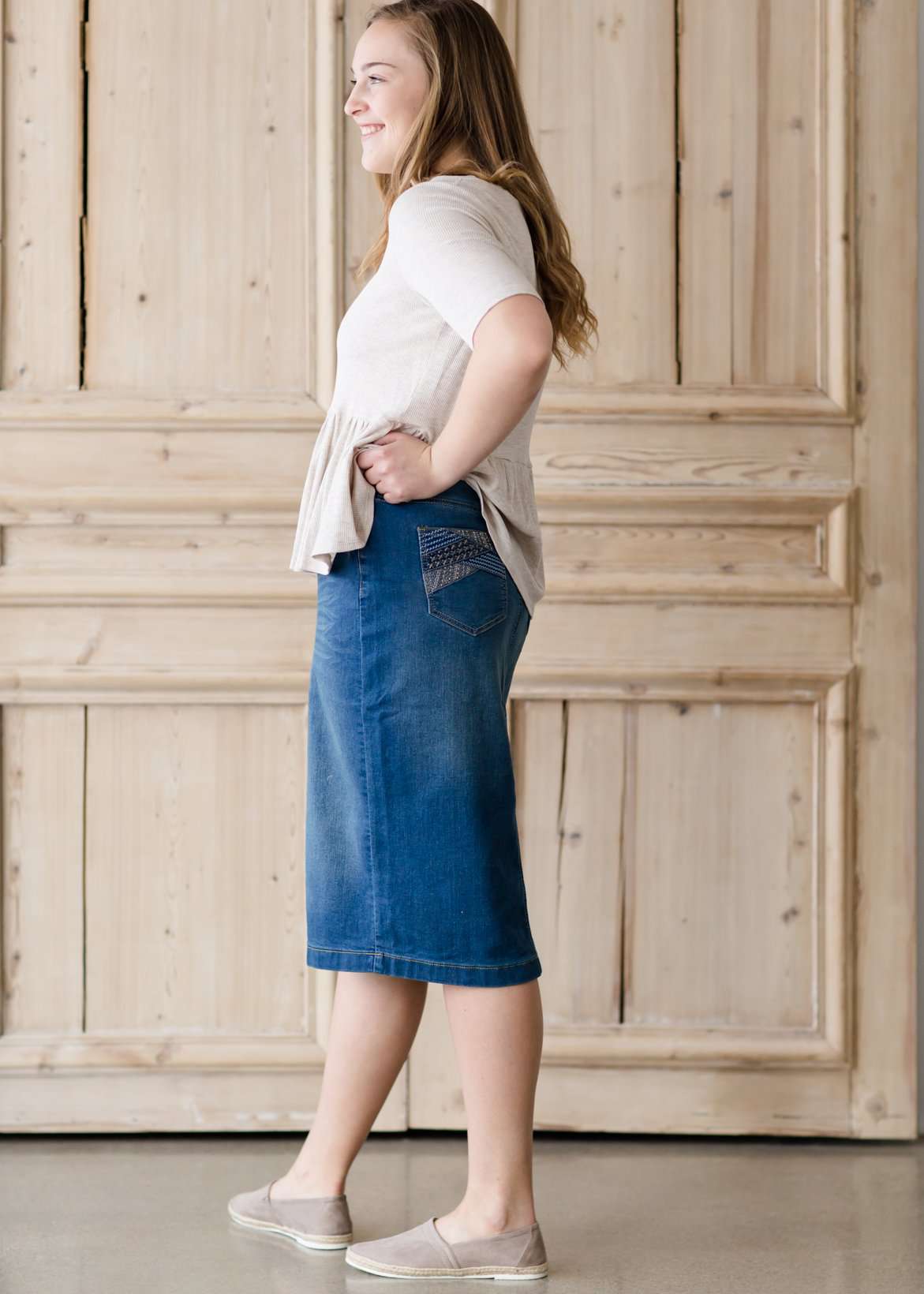 modest midi denim skirt