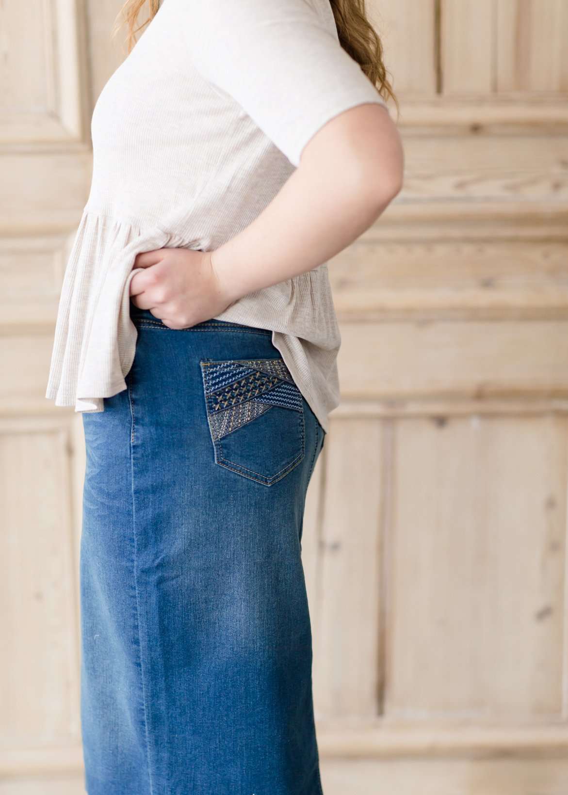 modest midi denim skirt