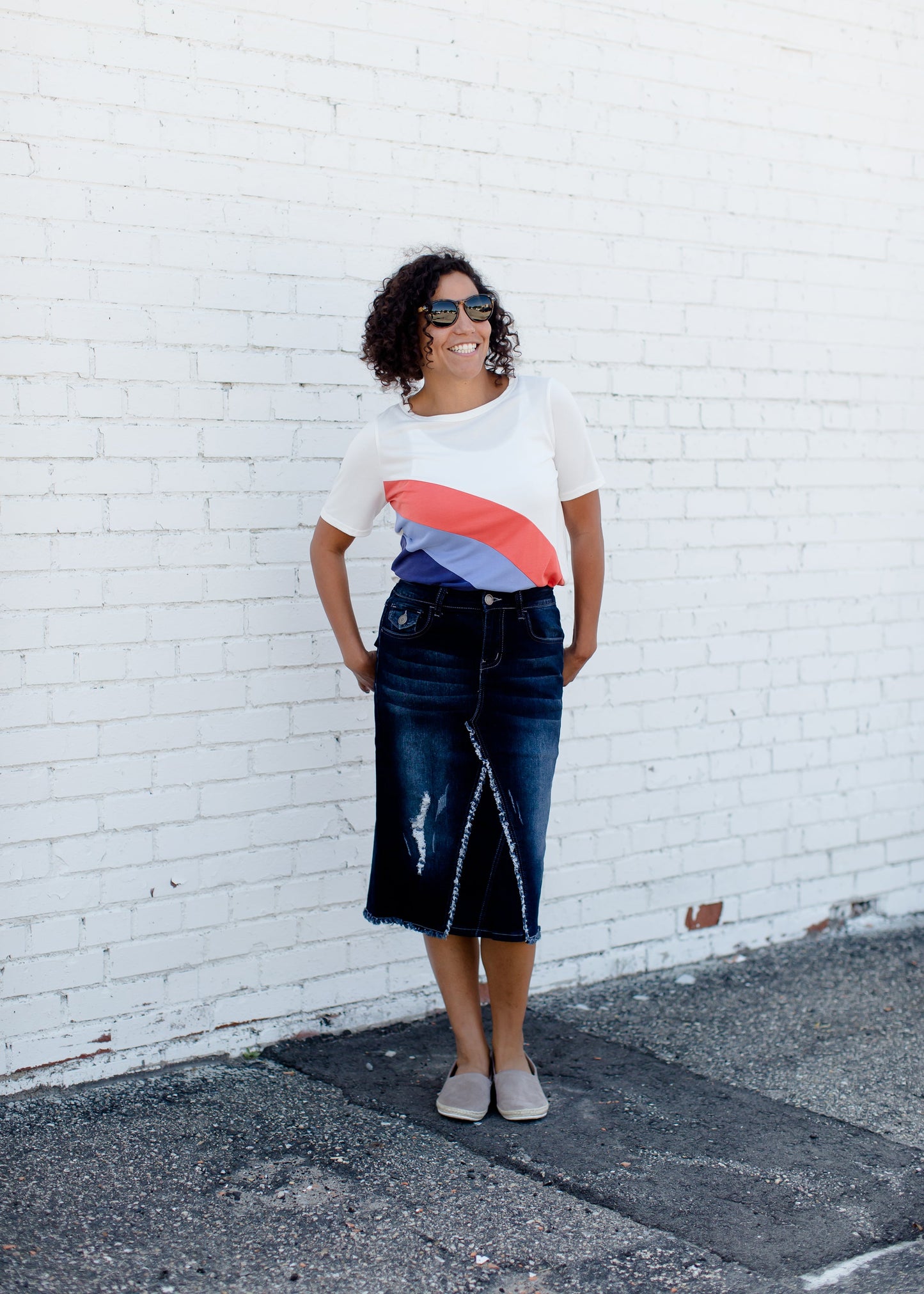 distressed denim midi skirt