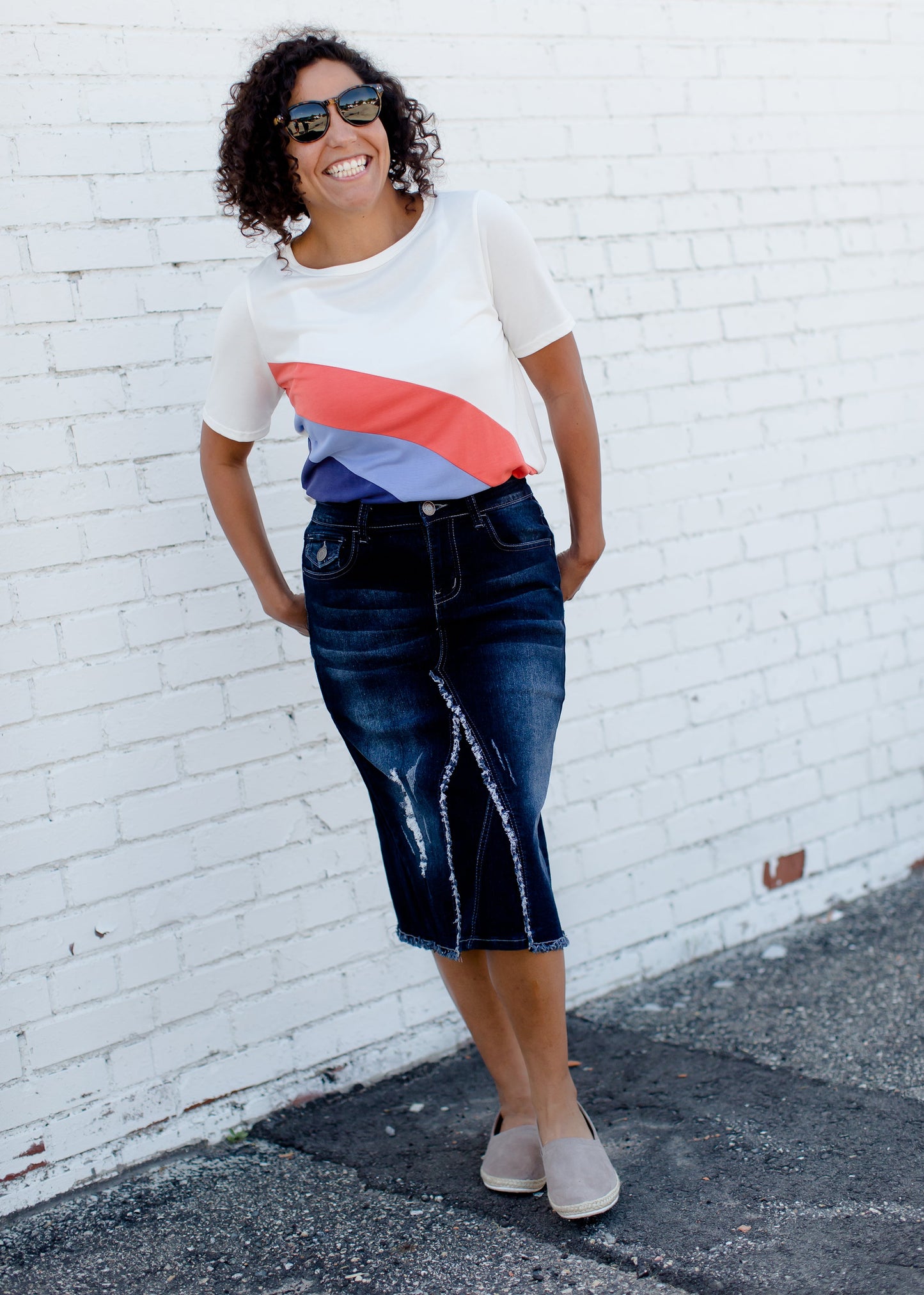 distressed denim midi skirt