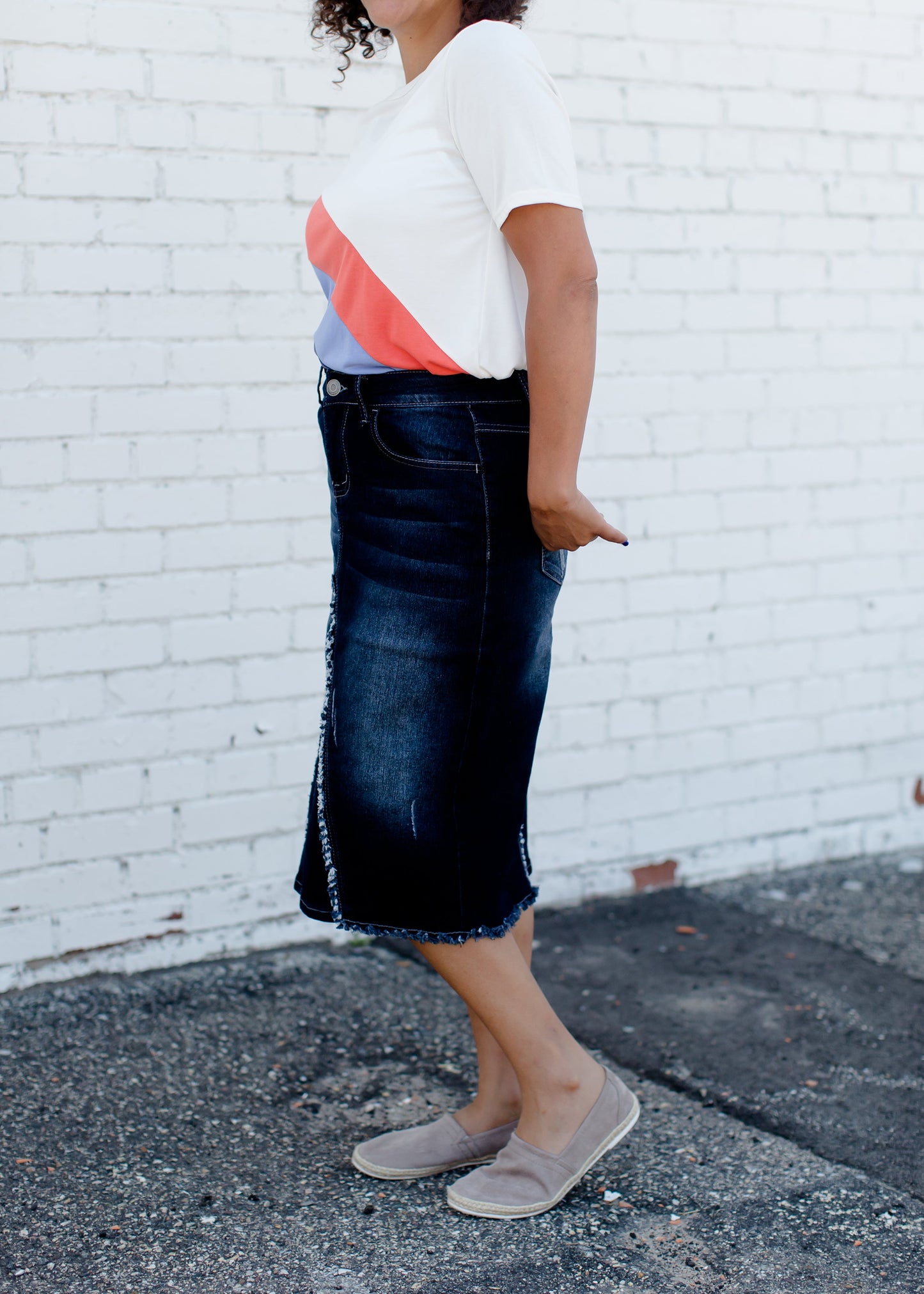 distressed denim midi skirt
