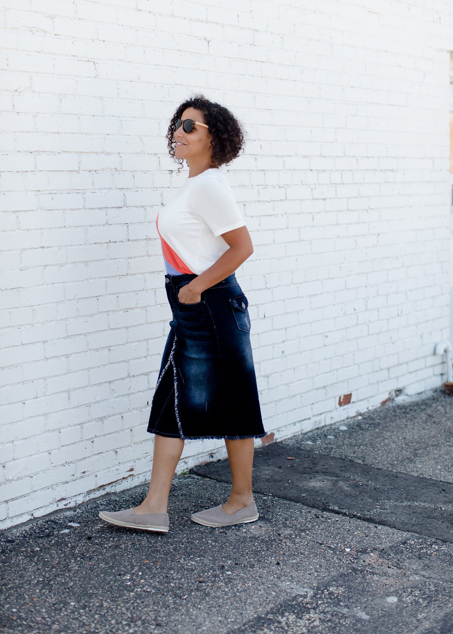 distressed denim midi skirt