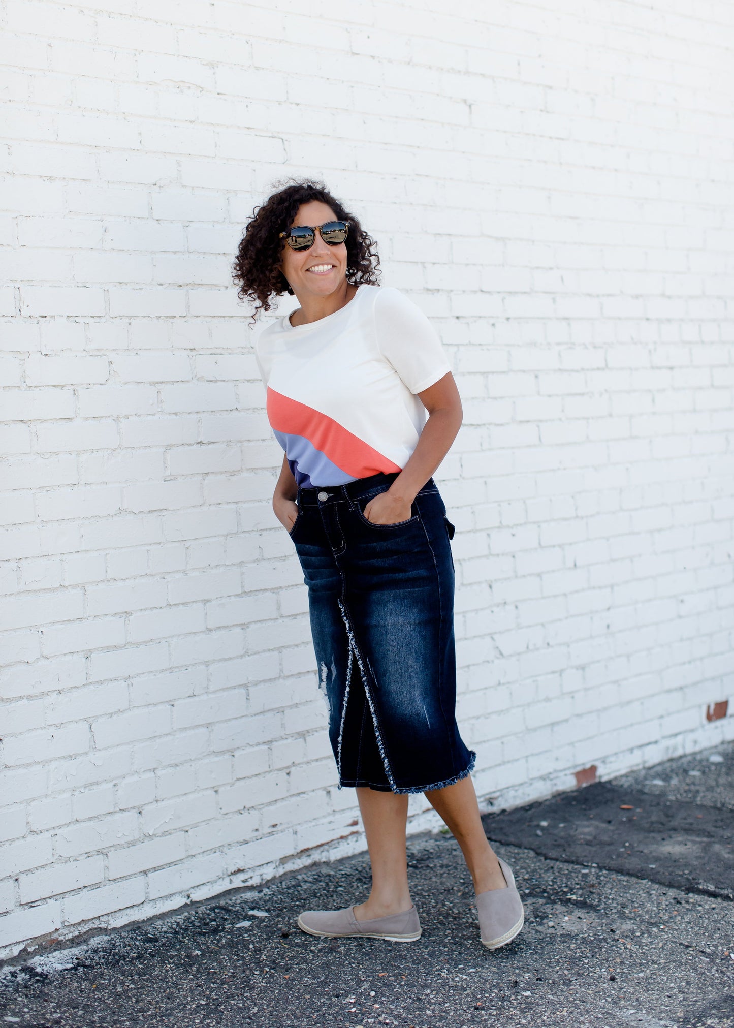 distressed denim midi skirt