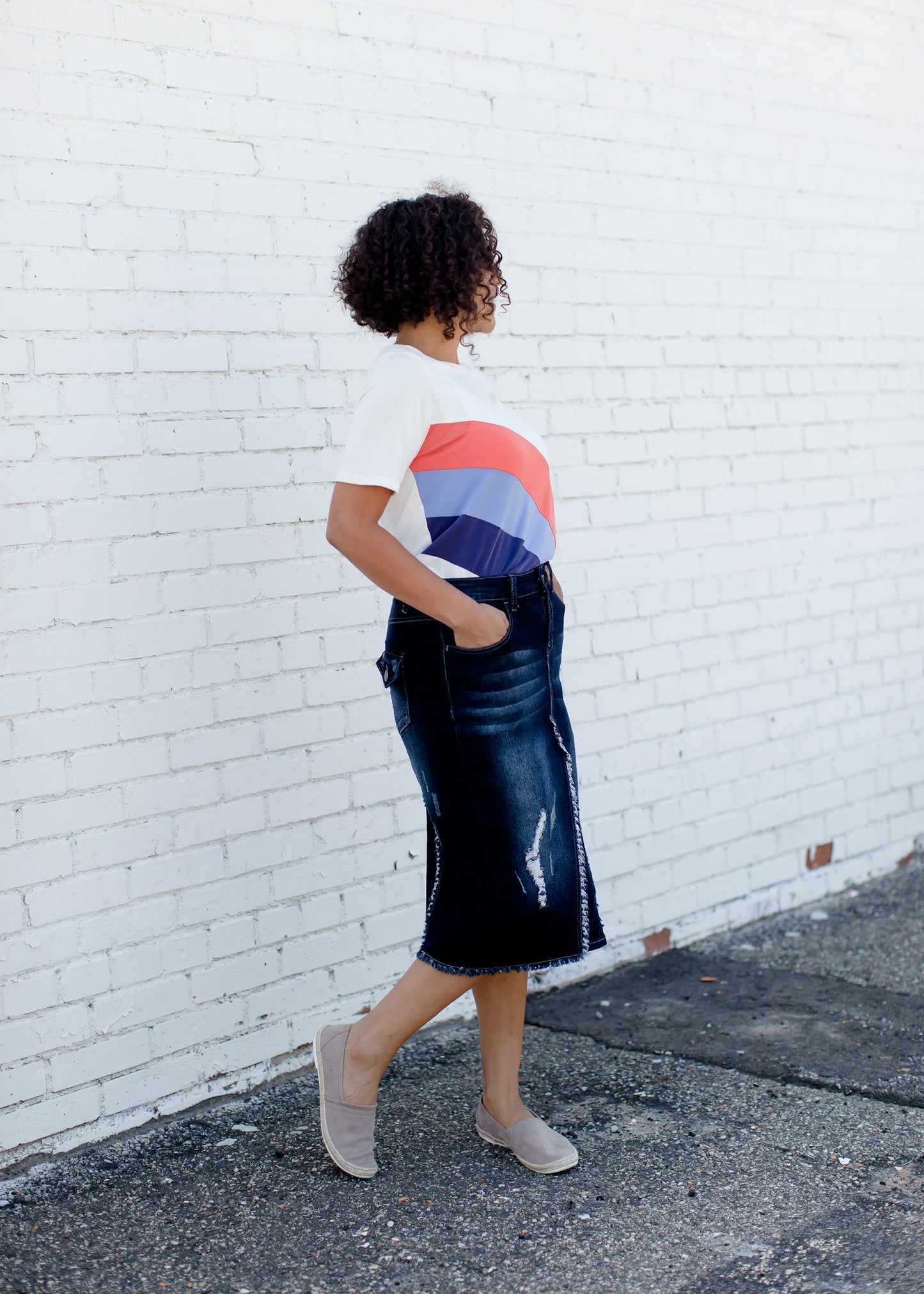 distressed denim midi skirt