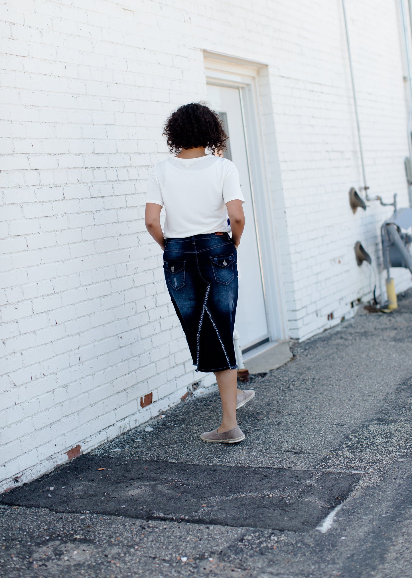 distressed denim midi skirt