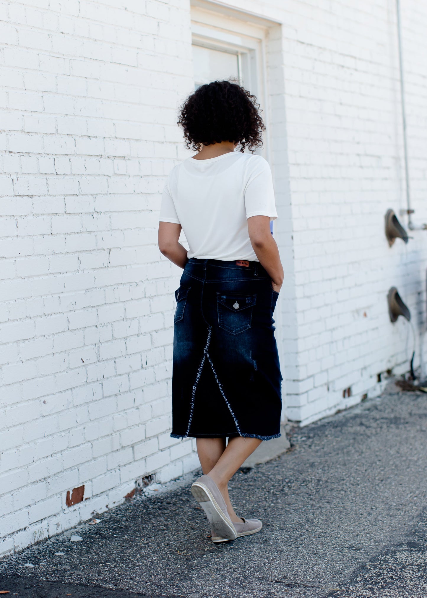 distressed denim midi skirt