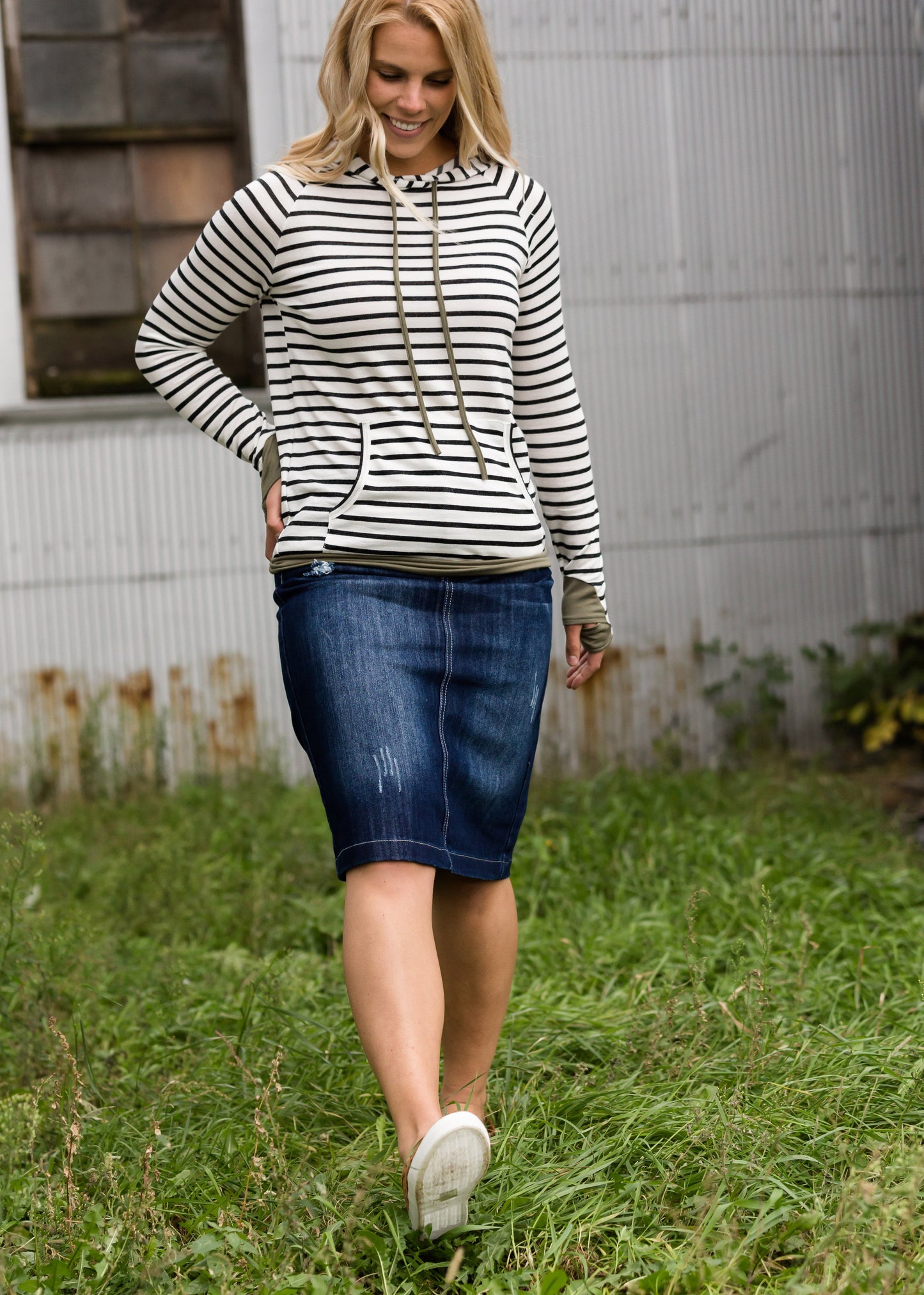 Distressed Dark Denim Midi Skirt Skirts