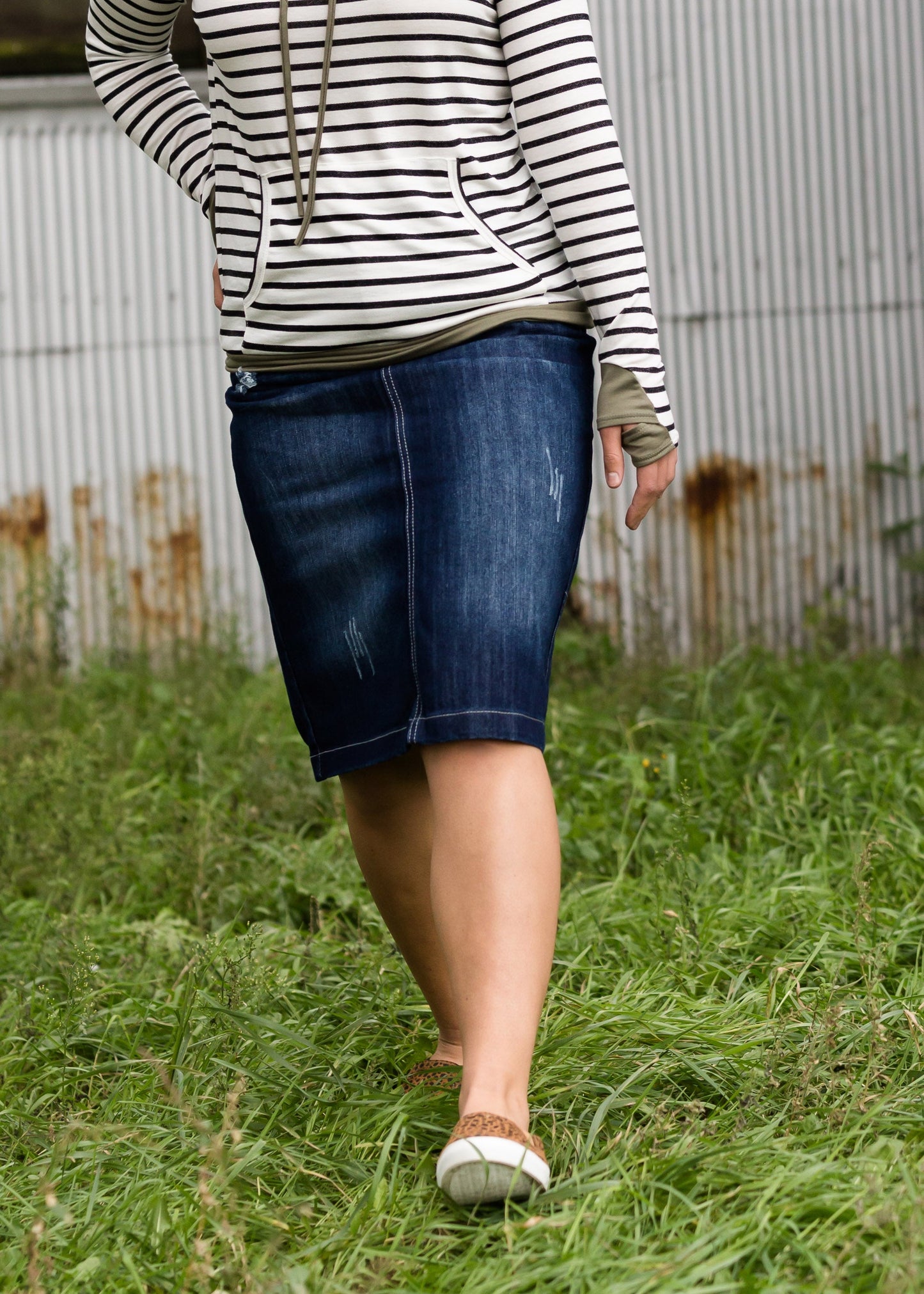 Distressed Dark Denim Midi Skirt Skirts