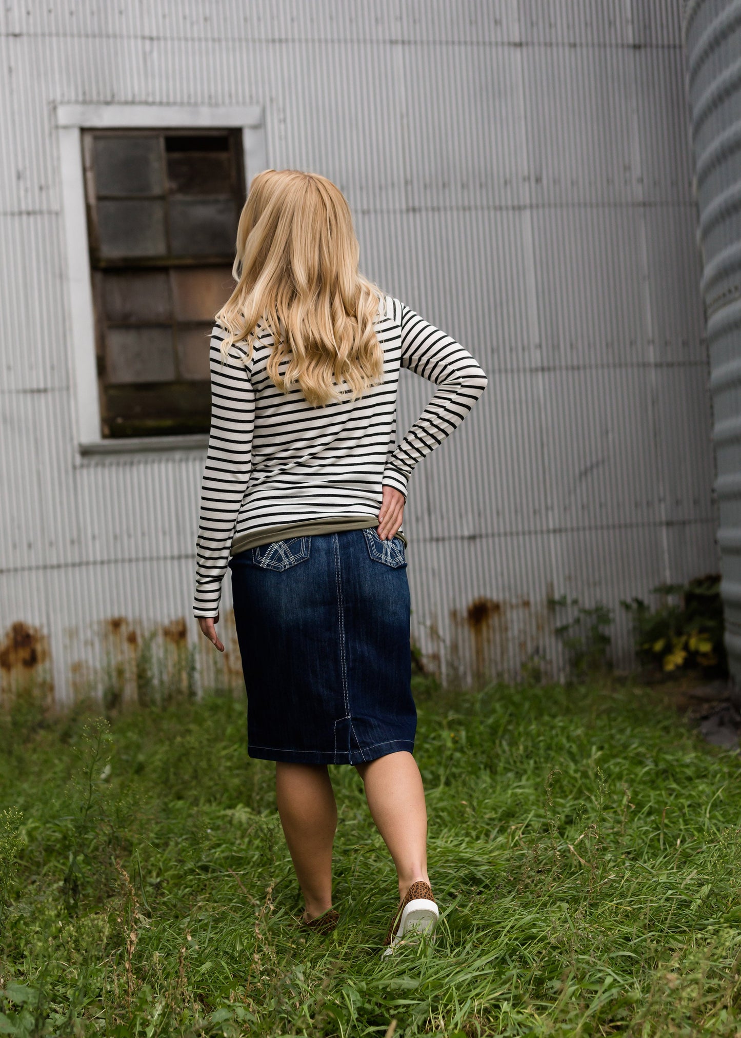 Distressed Dark Denim Midi Skirt Skirts
