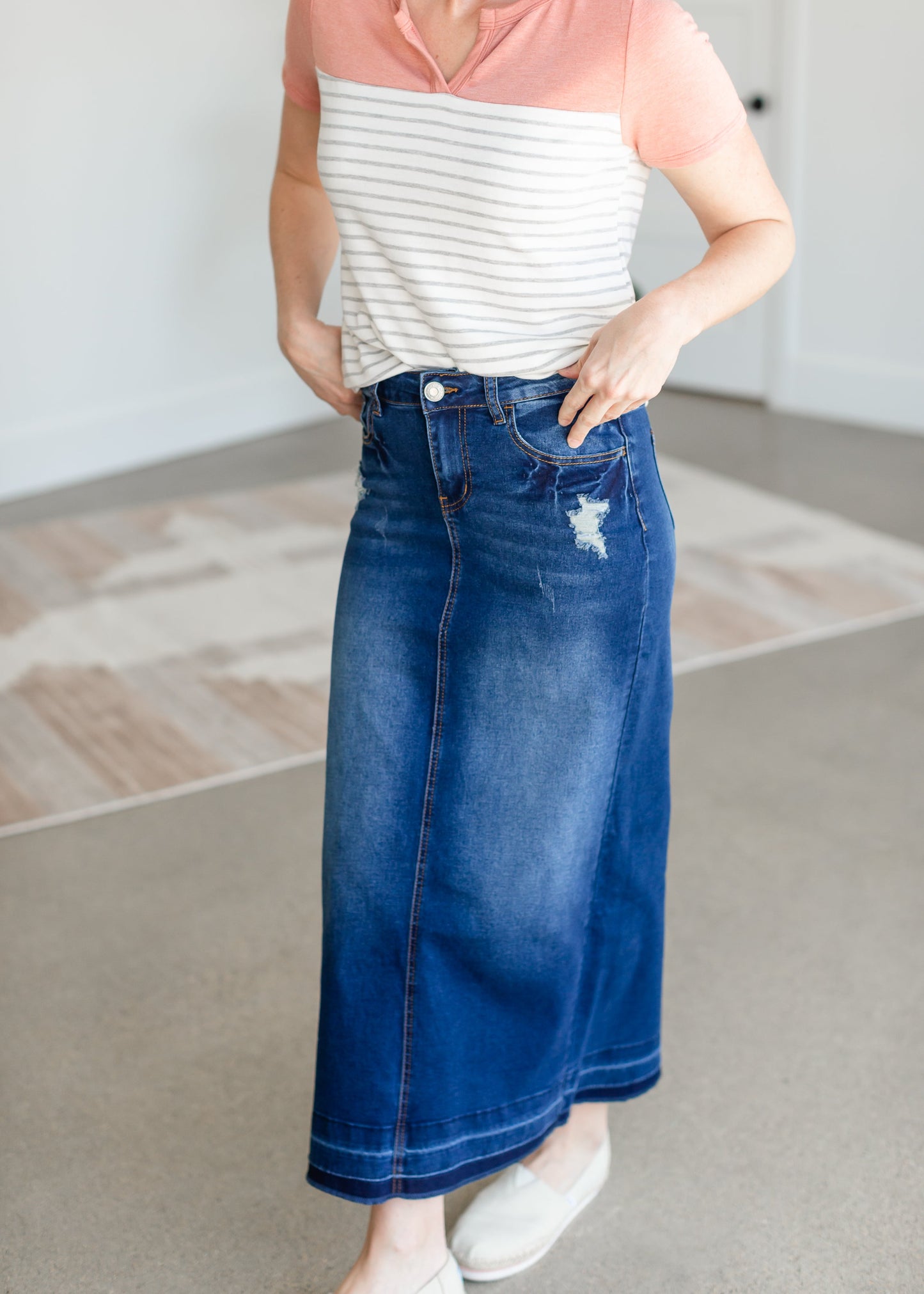 Distressed Long Denim Dark Wash Skirt Skirts G-Gossip Apparel