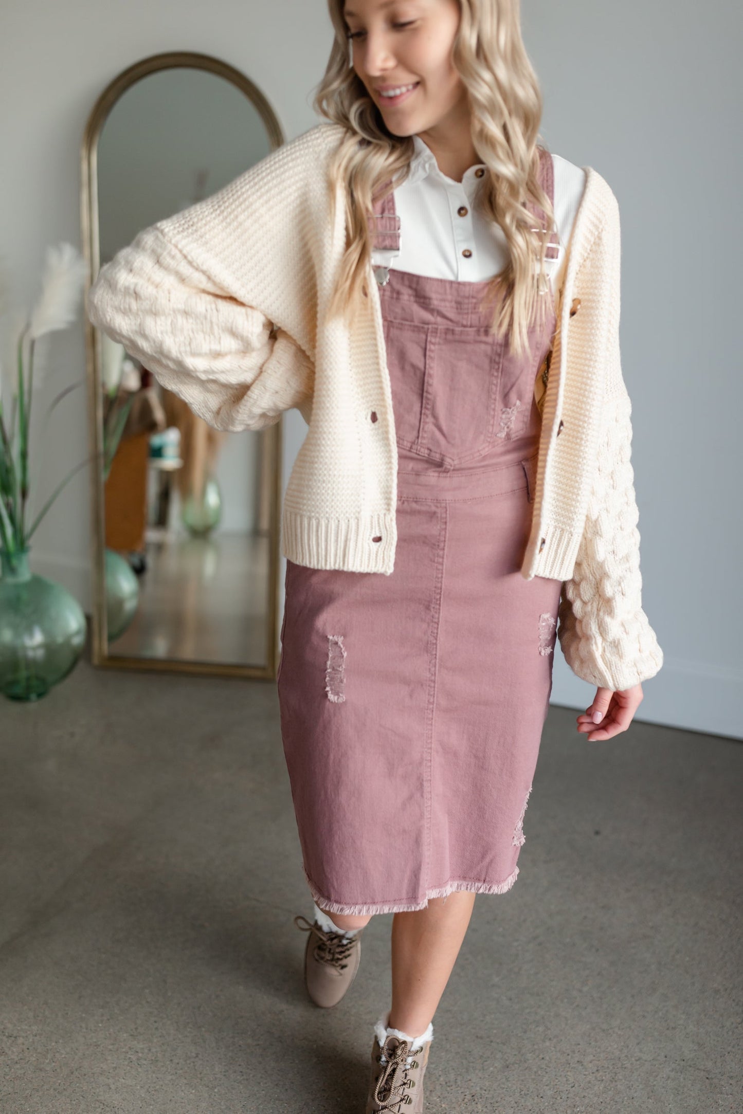 Distressed Overall Midi Dress Dresses Polagram + BaeVely S / Mauve