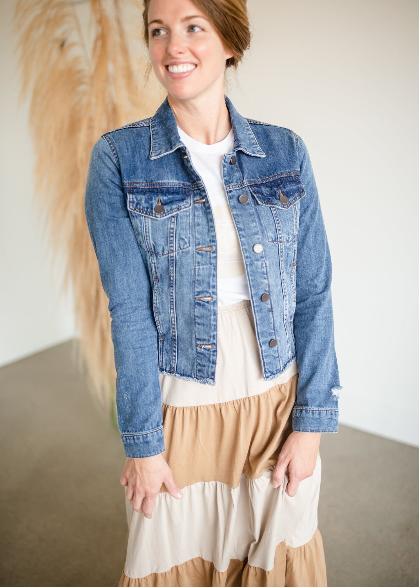 Distressed Raw Hem Medium Wash Denim Jacket Tops Kut from the Kloth