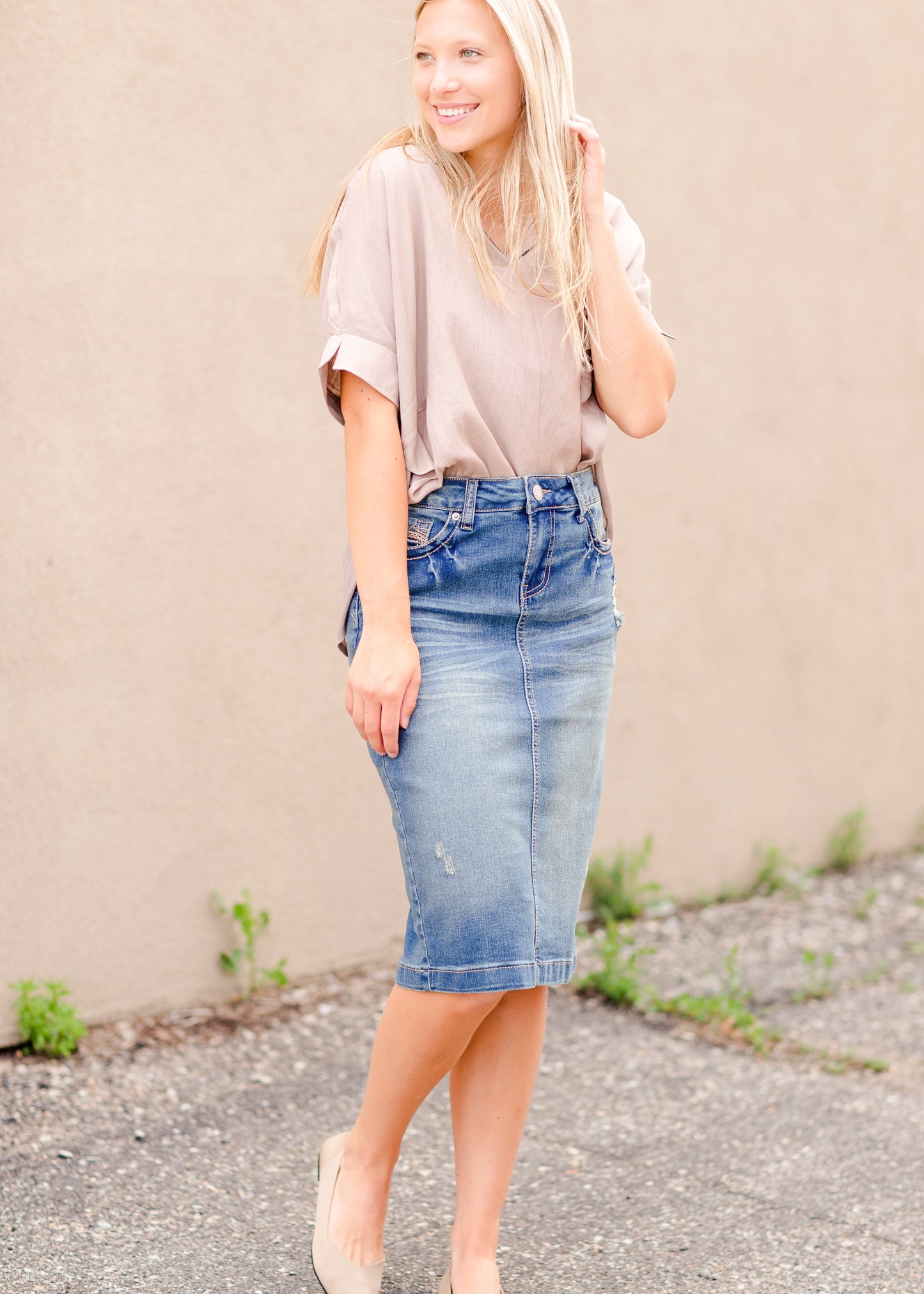 Distressed Wash Midi Skirt Skirts Light Wash / XS