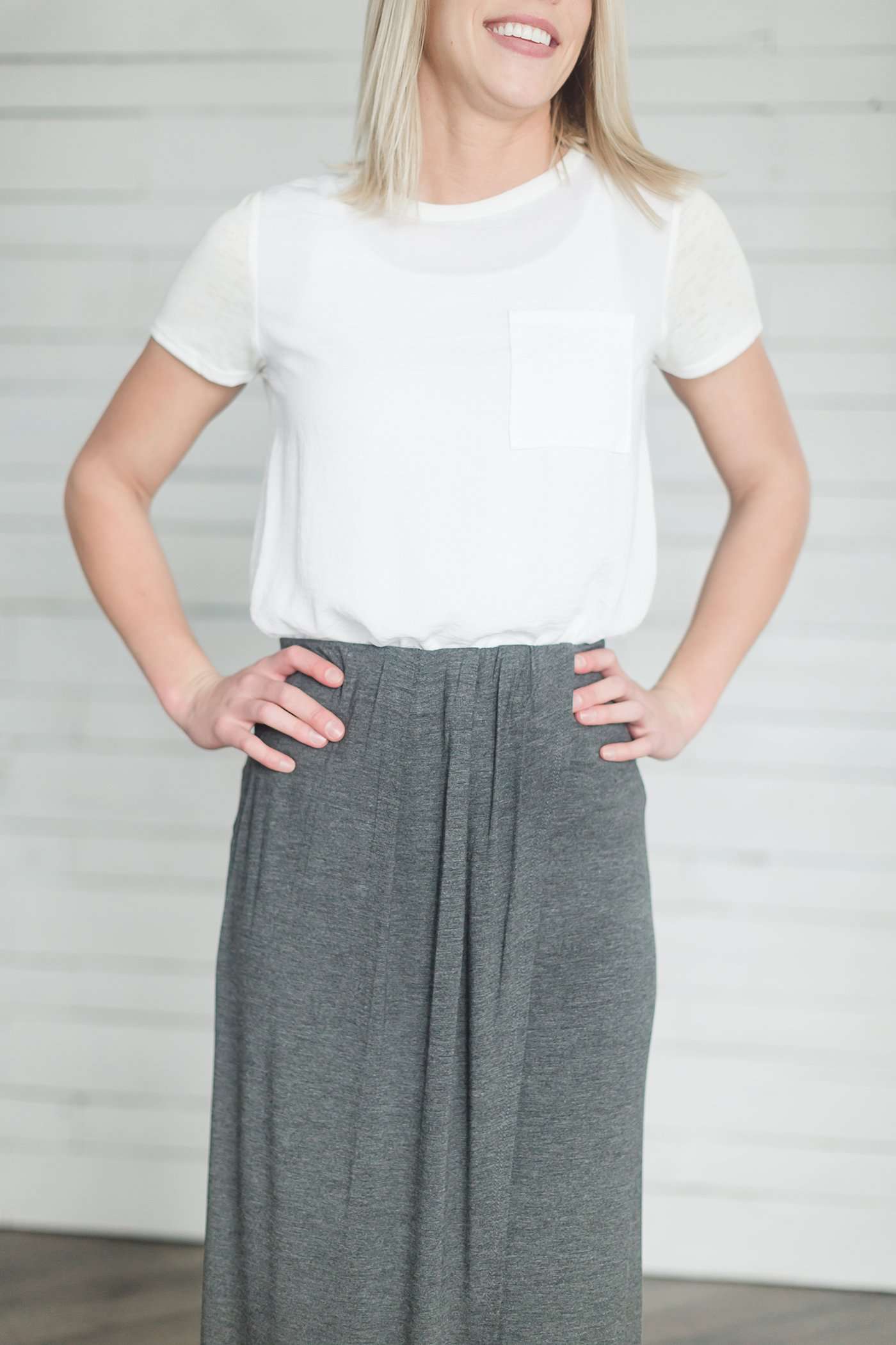 charcoal or black triple pleated maxi skirt with elastic waist.