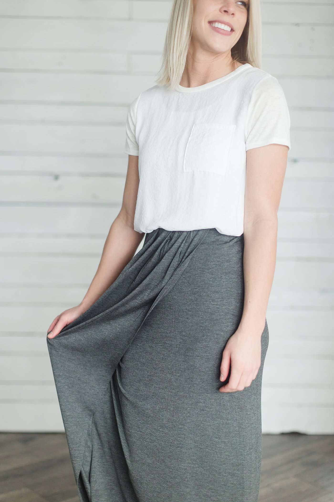 charcoal or black triple pleated maxi skirt with elastic waist.