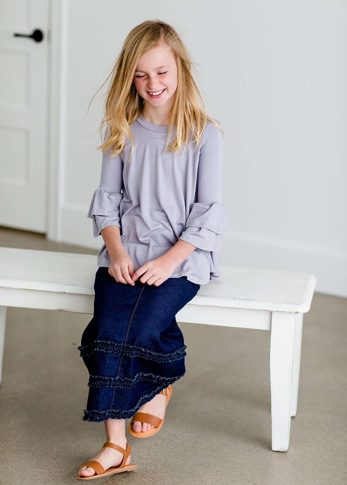 Double Ruffle Sleeve Top - FINAL SALE Tops Light Gray / XS