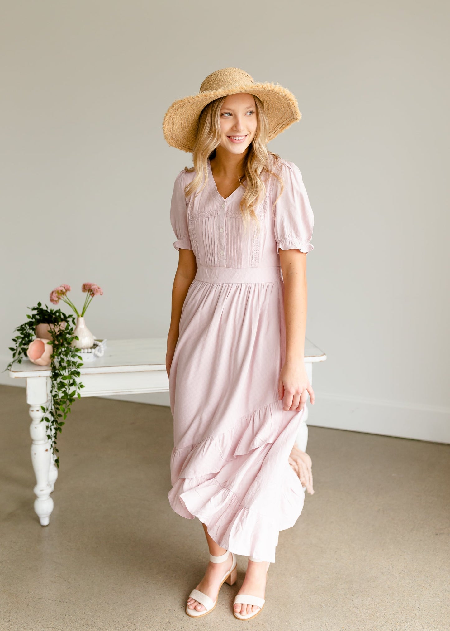 Dusty Pink V-Neck Ruffled Hem Midi Dress Dresses