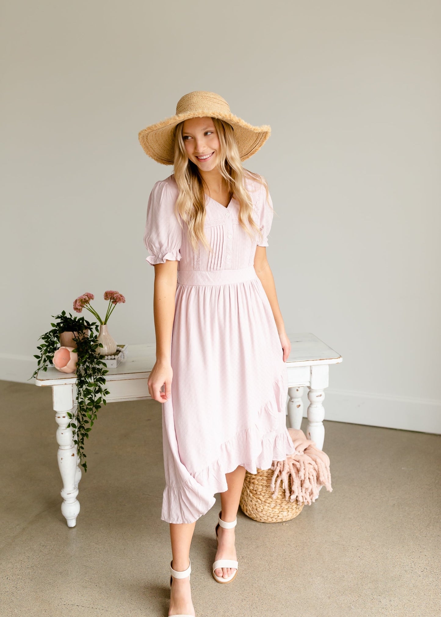 Dusty Pink V-Neck Ruffled Hem Midi Dress Dresses