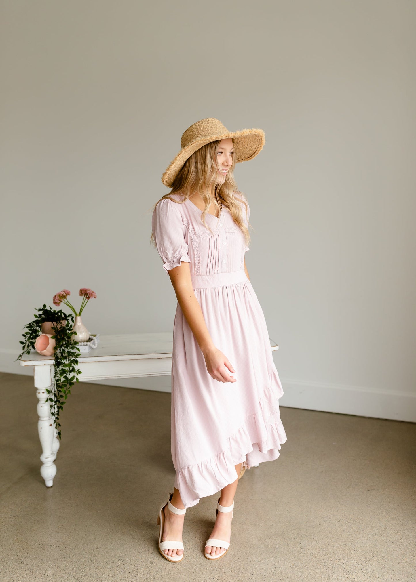 Dusty Pink V-Neck Ruffled Hem Midi Dress Dresses