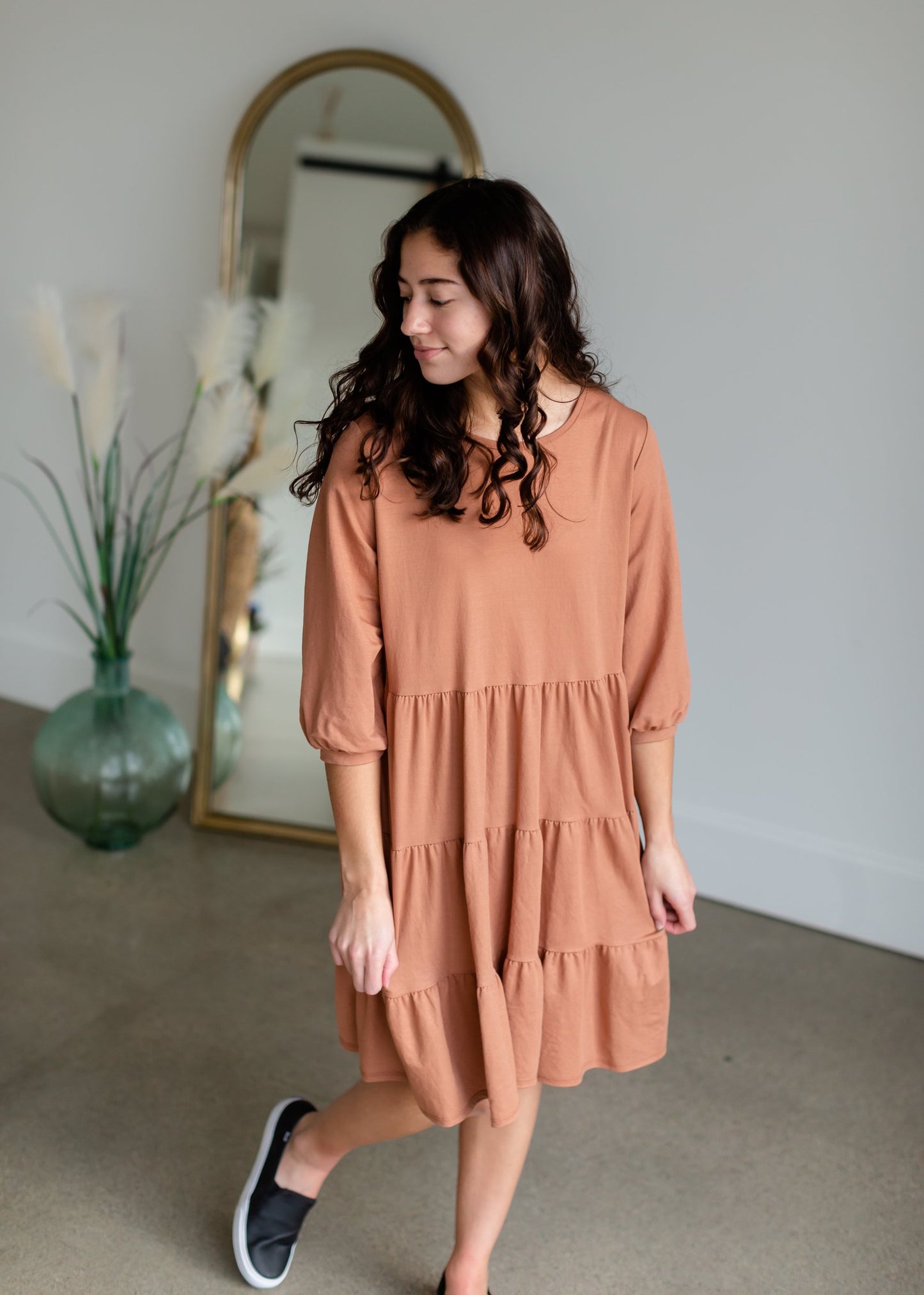Dusty Rust Pillow Sleeve Midi Dress Dresses Tres Bien