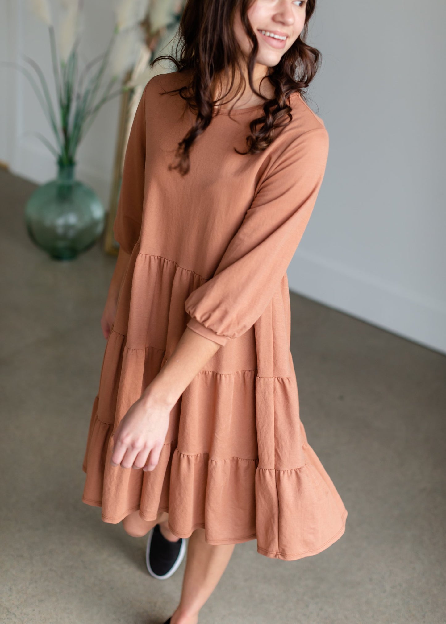 Dusty Rust Pillow Sleeve Midi Dress Dresses Tres Bien