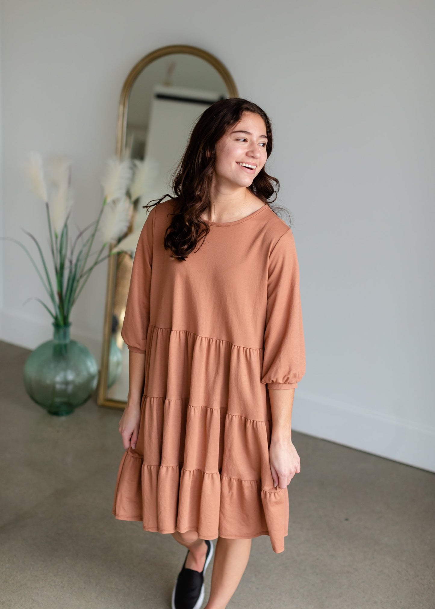 Dusty Rust Pillow Sleeve Midi Dress Dresses Tres Bien