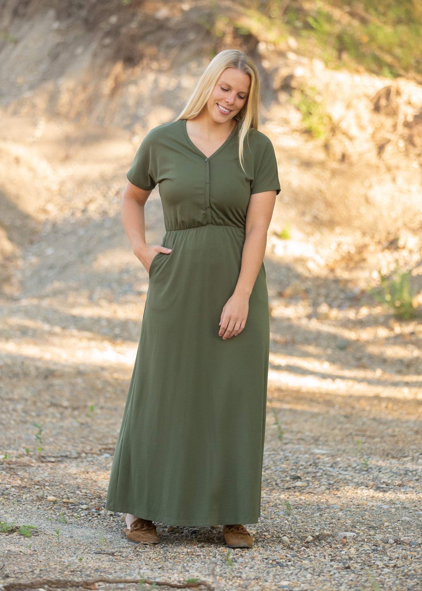 Made from an elevated ponte fabric, the Ella Cinched Waist Maxi Dress is an Inherit Design that will take you from season to season. There are non-functioning tortoise shell buttons down the front to ensure a modest fit. The top of the dress has a dolman fit and drop arms to keep you comfortable and give a flattering fit! The skirt of the dress has a slight a-line making this a super versatile dress that you can feel confident wearing.