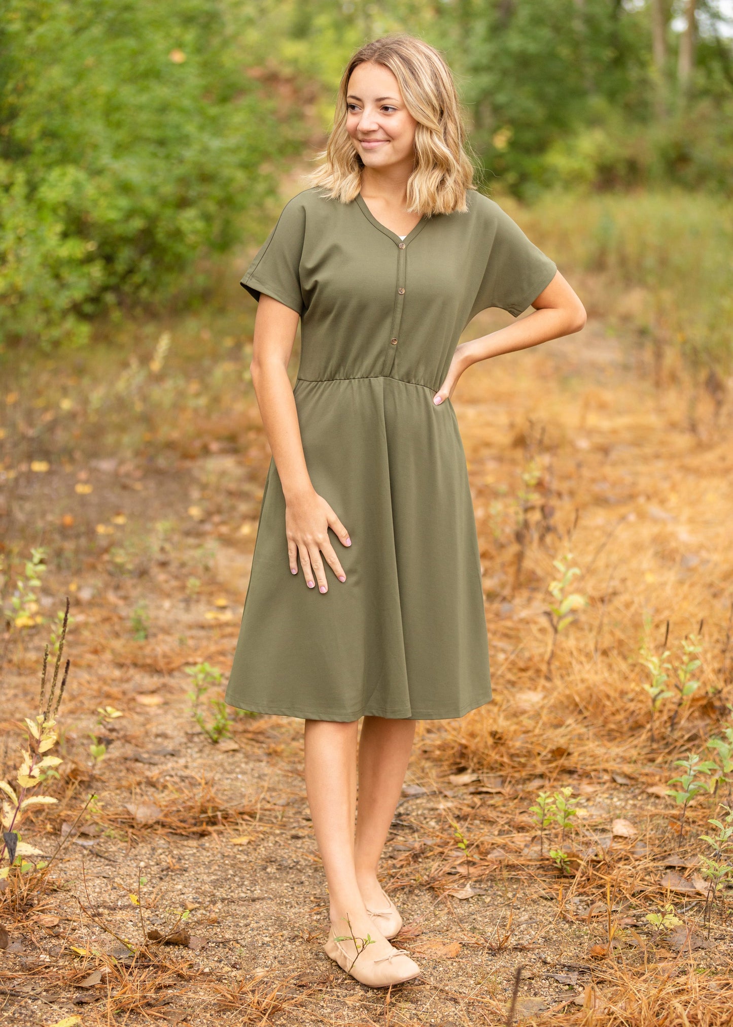 Made from an elevated ponte fabric, the Ella Cinched Waist Midi Dress is an Inherit Design that will take you from season to season. There are non-functioning tortoise shell buttons down the front to ensure a modest fit. The top of the dress has a dolman fit and drop arms to keep you comfortable and give a flattering fit! The skirt of the dress has a slight a-line making this a super versatile dress!