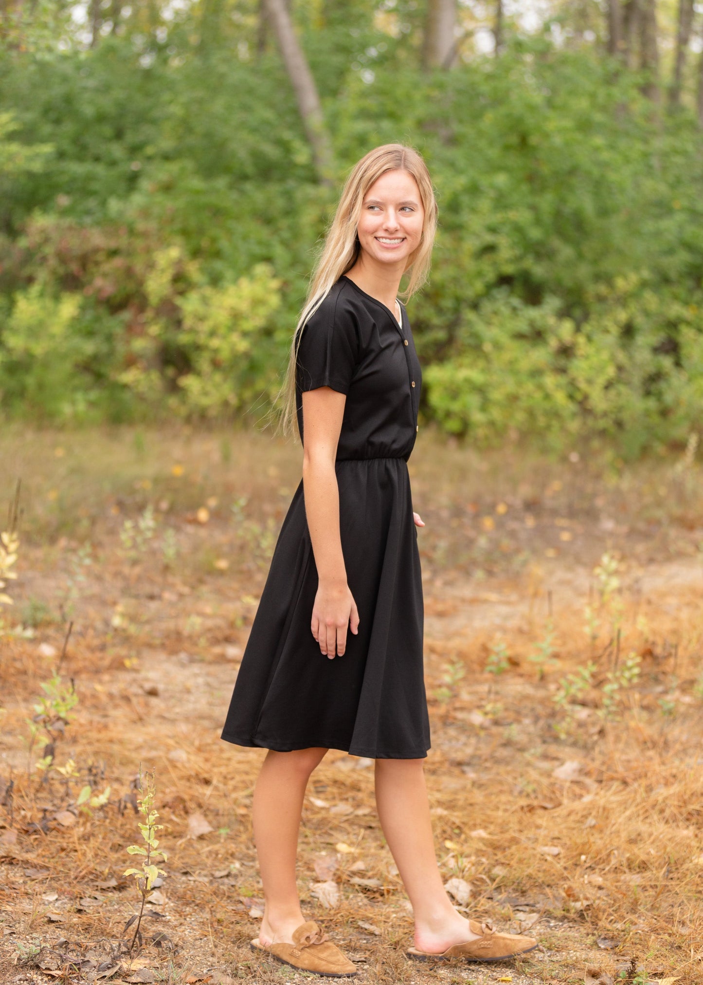 Made from an elevated ponte fabric, the Ella Cinched Waist Midi Dress is an Inherit Design that will take you from season to season. There are non-functioning tortoise shell buttons down the front to ensure a modest fit. The top of the dress has a dolman fit and drop arms to keep you comfortable and give a flattering fit! The skirt of the dress has a slight a-line making this a super versatile dress!
